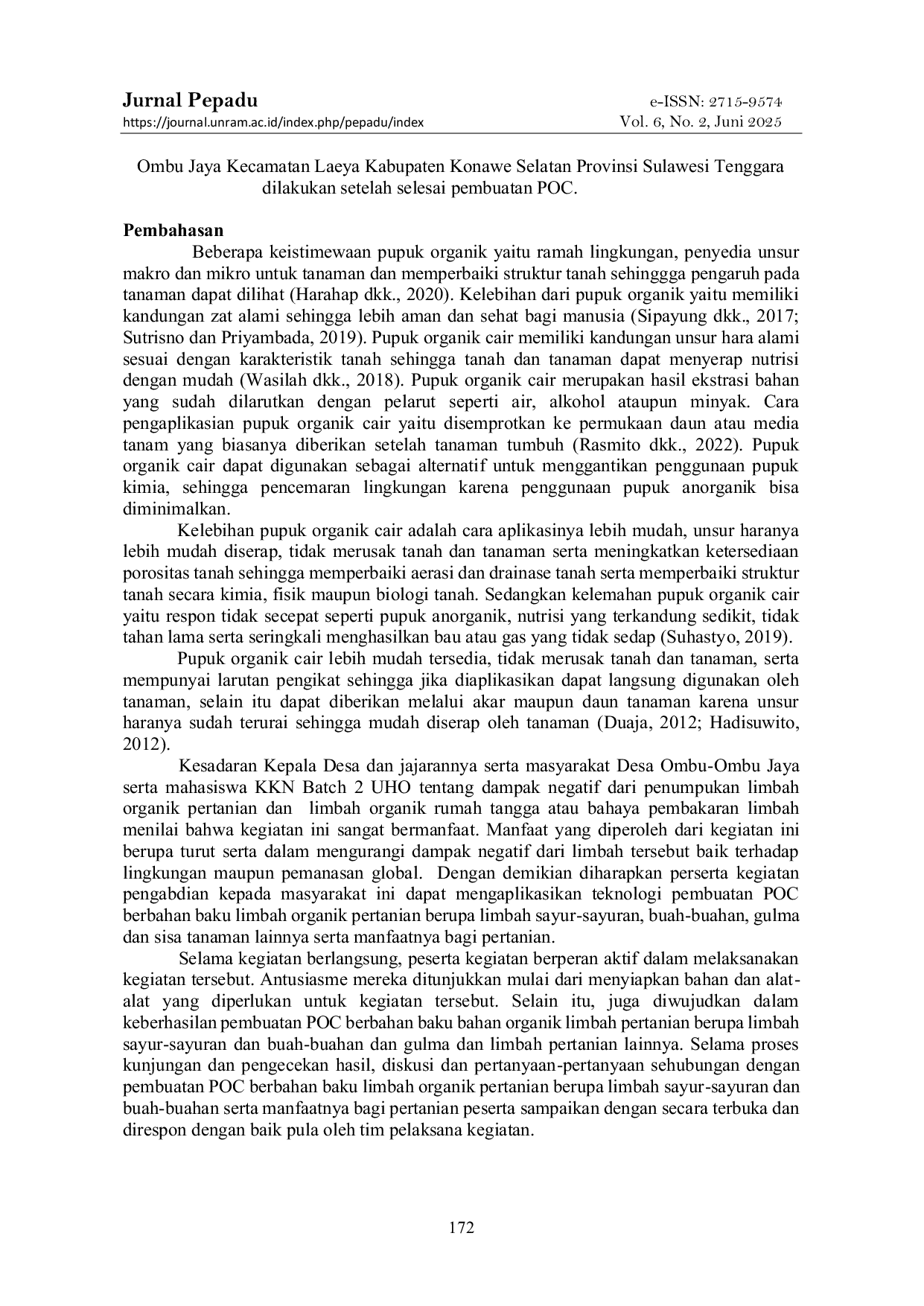 JURIS Sosialisasi dan Pembuatan Pupuk Organik Cair Berbahan Dasar Limbah Pertanian di Desa Ombu Ombu Jaya Kecamatan Laeya Kabupaten Konawe Selatan Provinsi Sulawesi Tenggara