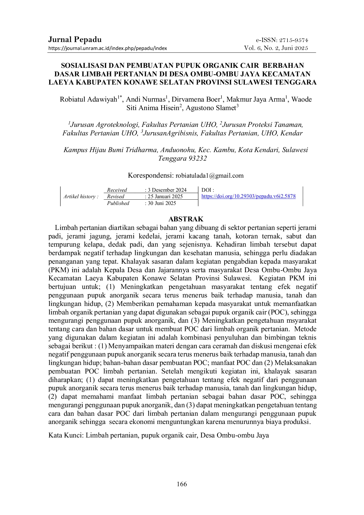 JURIS Sosialisasi dan Pembuatan Pupuk Organik Cair Berbahan Dasar Limbah Pertanian di Desa Ombu Ombu Jaya Kecamatan Laeya Kabupaten Konawe Selatan Provinsi Sulawesi Tenggara