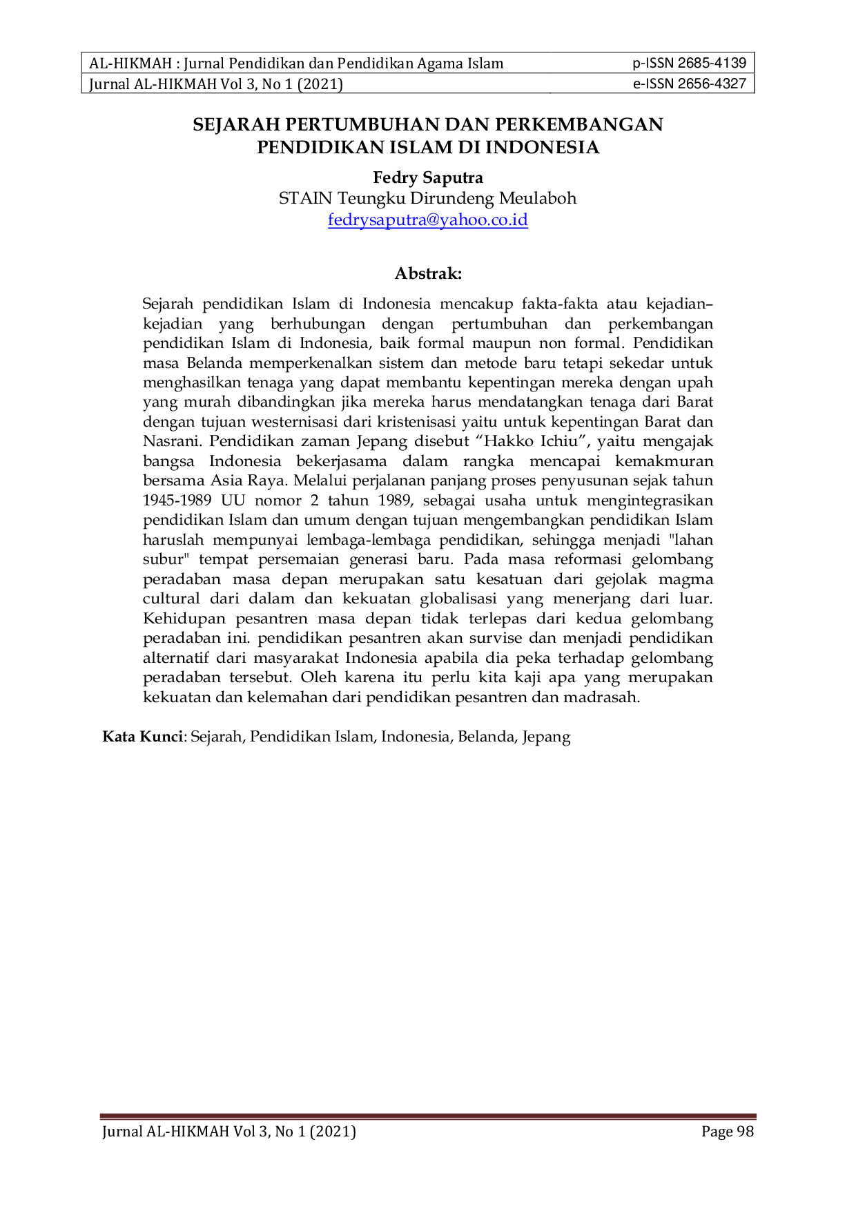 JURIS Sejarah Pertumbuhan dan Perkembangan Pendidikan Islam di Indonesia