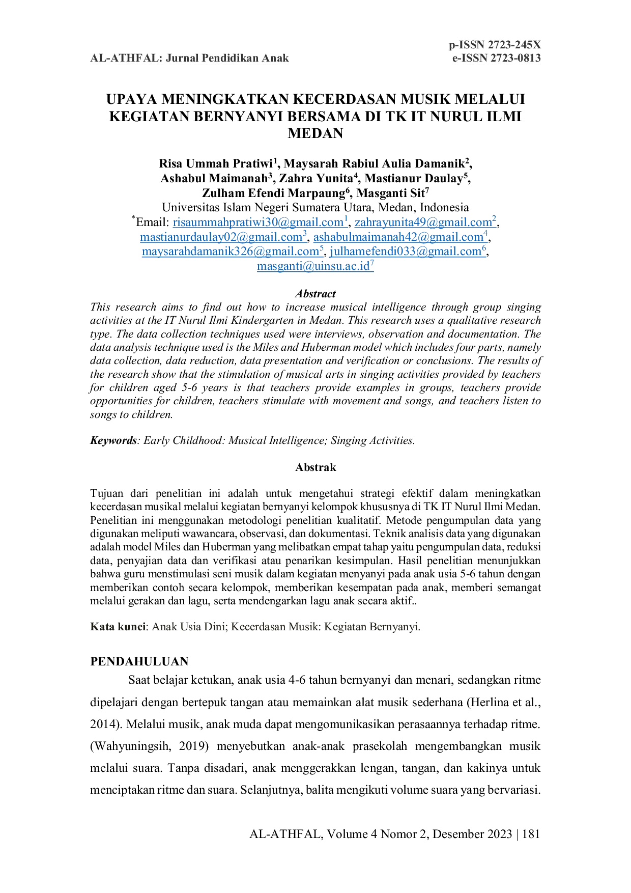 JURIS Upaya Meningkatkan Kecerdasan Musik Melalui Kegiatan Bernyanyi Bersama di TK IT Nurul Ilmi Medan