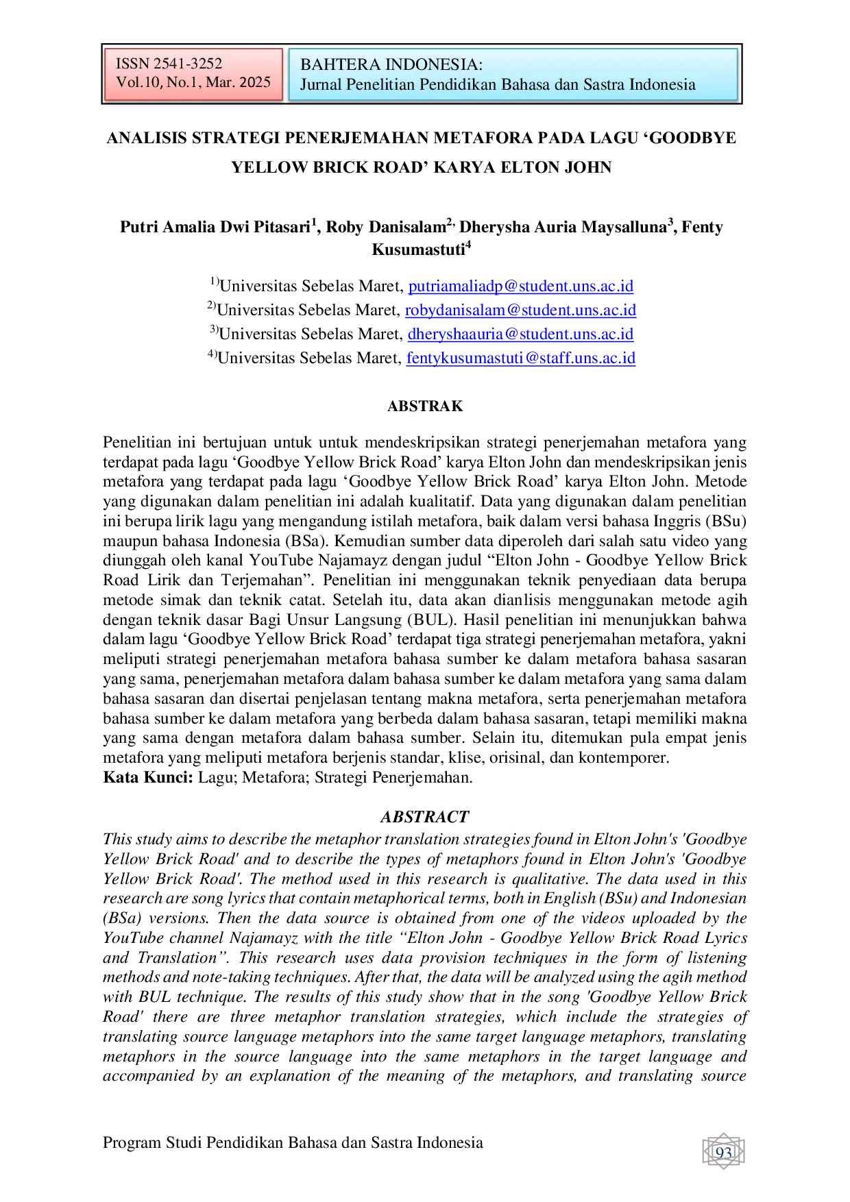 JURIS Analisis Strategi Penerjemahan Metafora Pada Lagu Goodbye Yellow Brick Road Karya Elton John