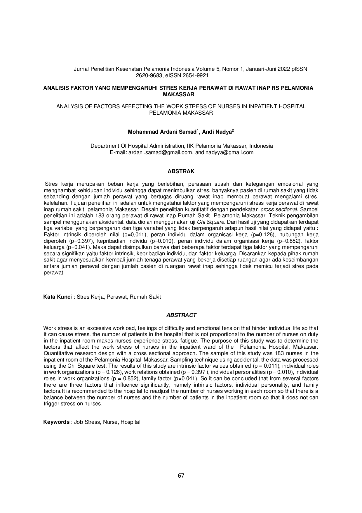 JURIS Analisis Faktor Yang Mempengaruhi Stres Kerja Perawat Di Rawat Inap RS Pelamonia Makassar