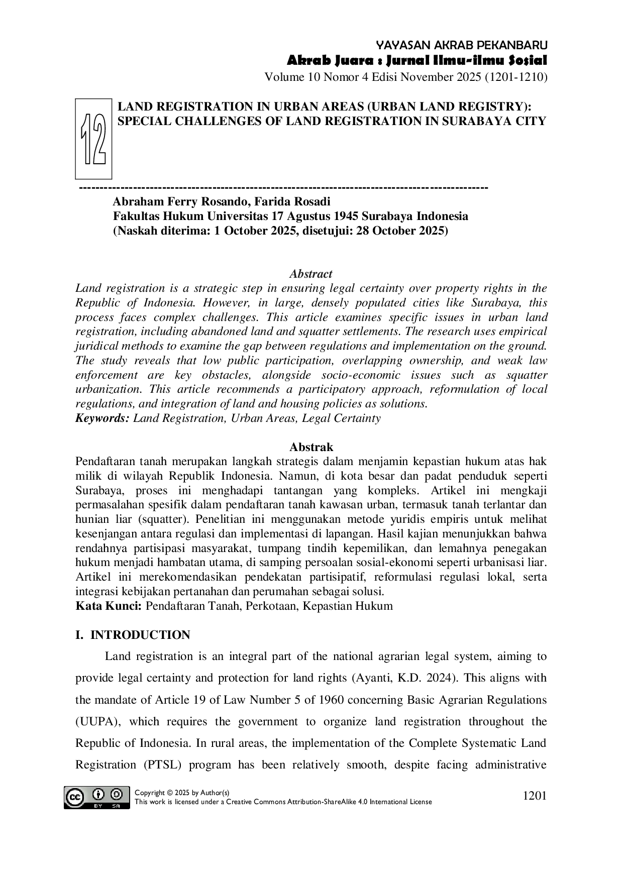 JURIS Land Registration in Urban Areas Urban Land Registry Special Challenges of Land Registration in Surabaya City