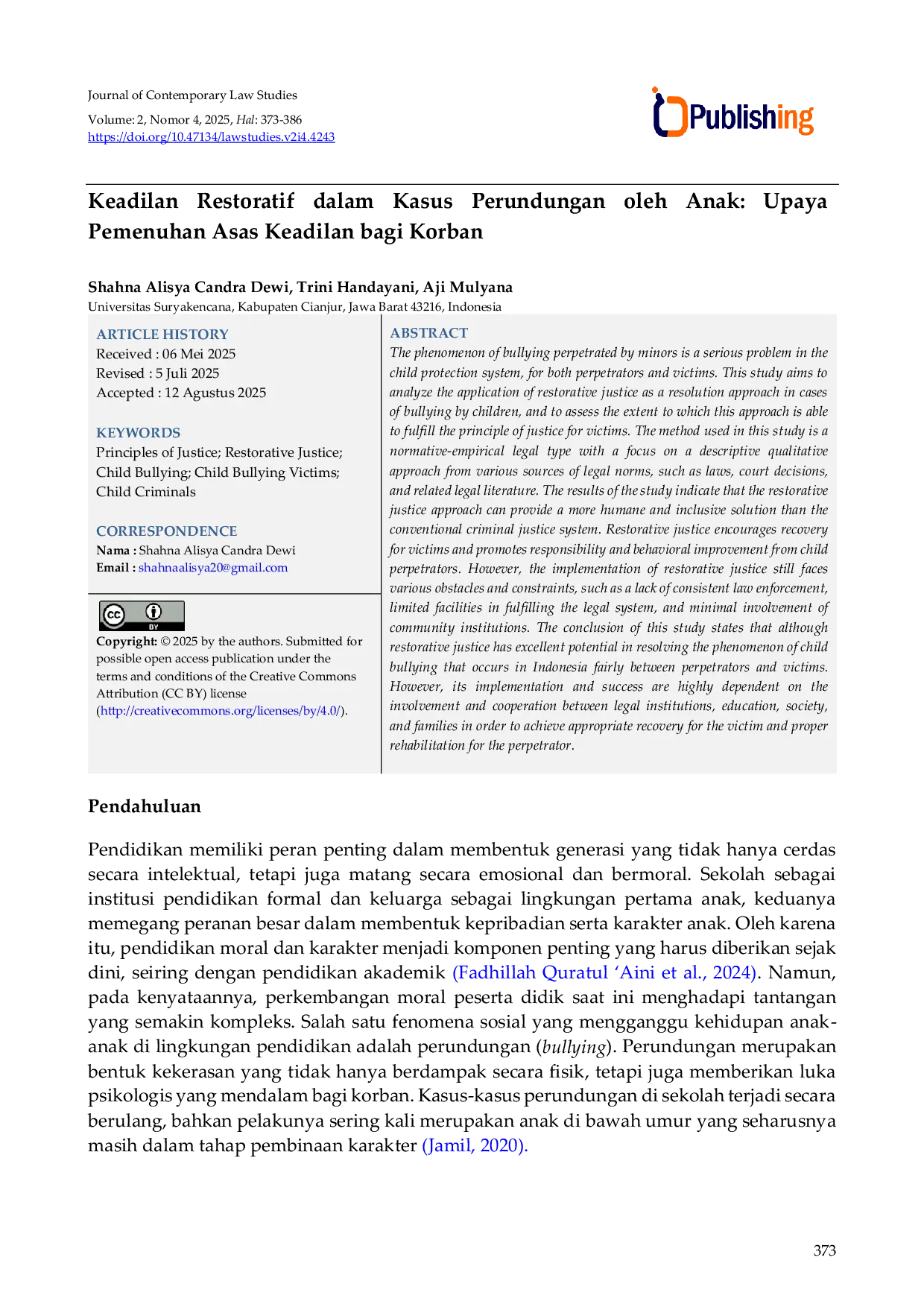 JURIS Keadilan Restoratif dalam Kasus Perundungan oleh Anak Upaya Pemenuhan Asas Keadilan bagi Korban