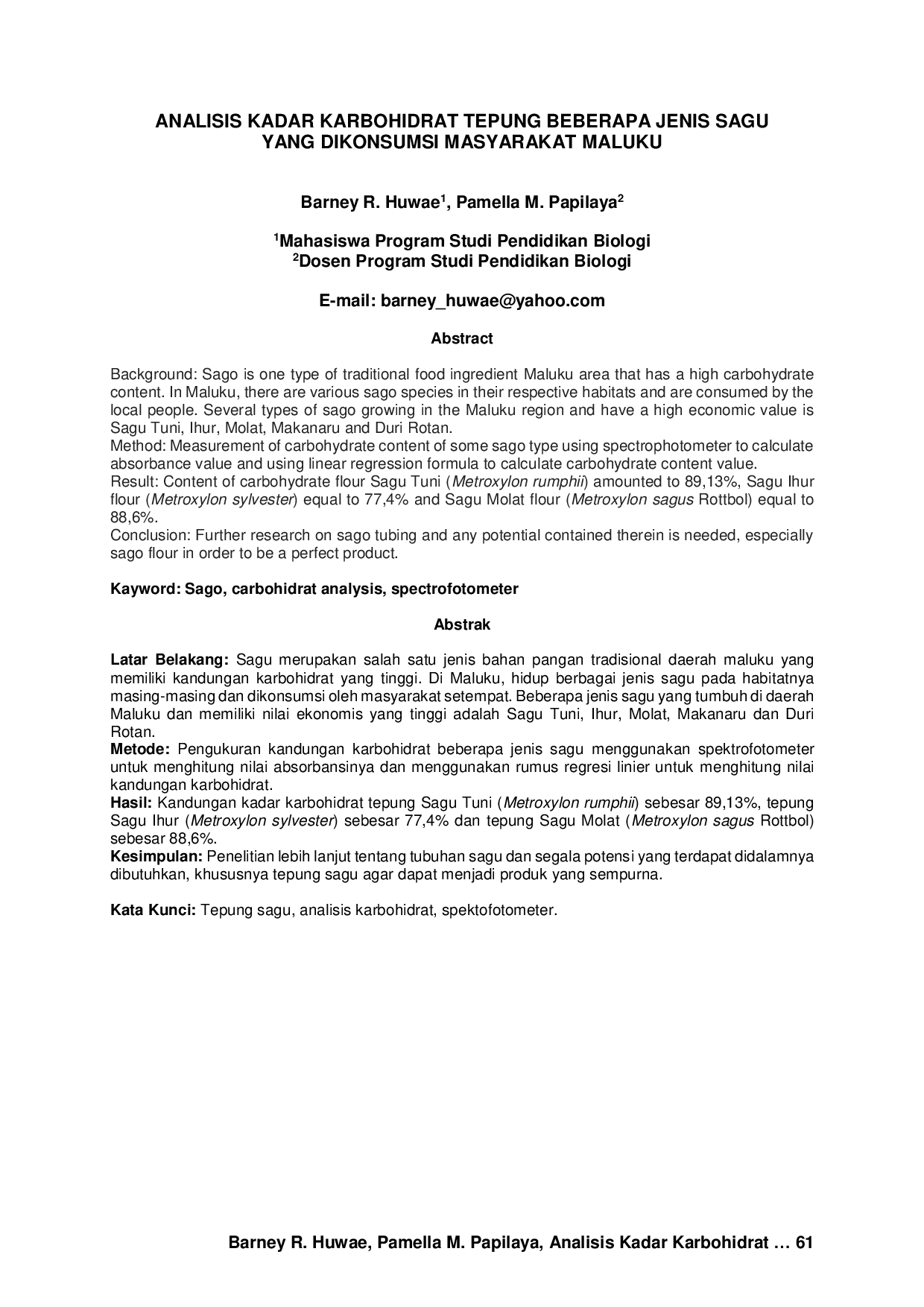 JURIS Analisis Kadar Karbohidrat Tepung Beberapa Jenis Sagu yang Dikonsumsi Masyarakat Maluku