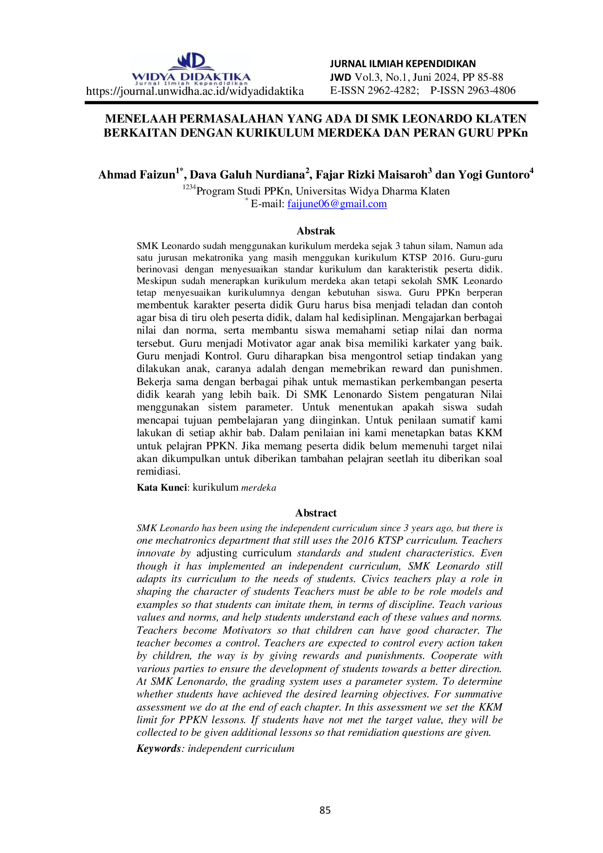 JURIS Bahasa Indonesia MENELAAH PERMASALAHAN YANG ADA DI SMK LEONARDO KLATEN BERKAITAN DENGAN KURIKULUM MERDEKA DAN PERAN GURU PPKn Bahasa Indonesia
