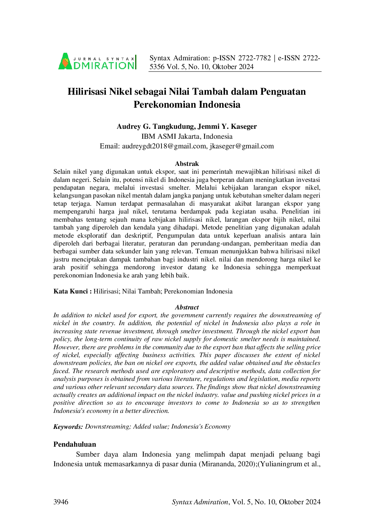 JURIS Hilirisasi Nikel sebagai Nilai Tambah dalam Penguatan Perekonomian Indonesia