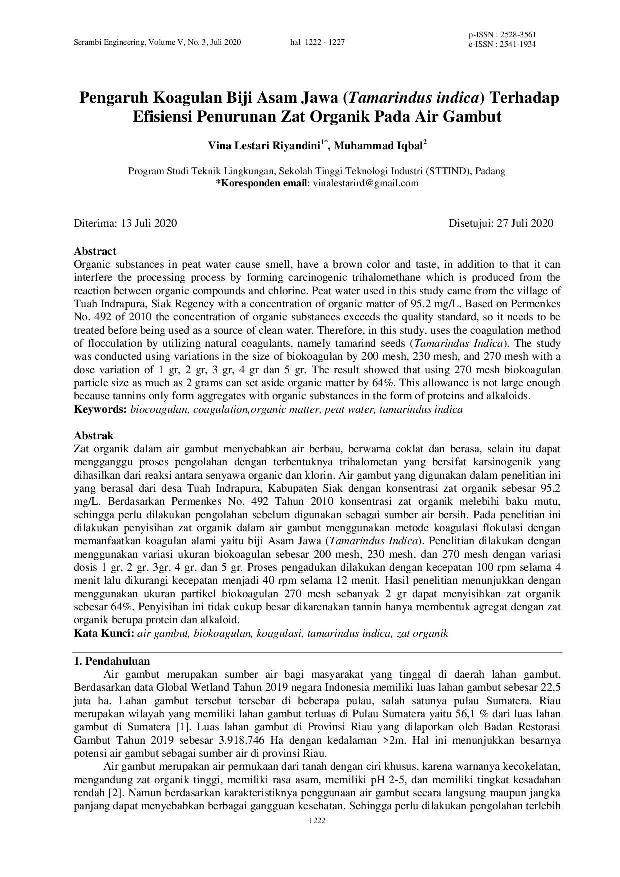 JURIS Pengaruh Koagulan Biji Asam Jawa Tamarindus indica Terhadap Efisiensi Penurunan Zat Organik Pada Air Gambut