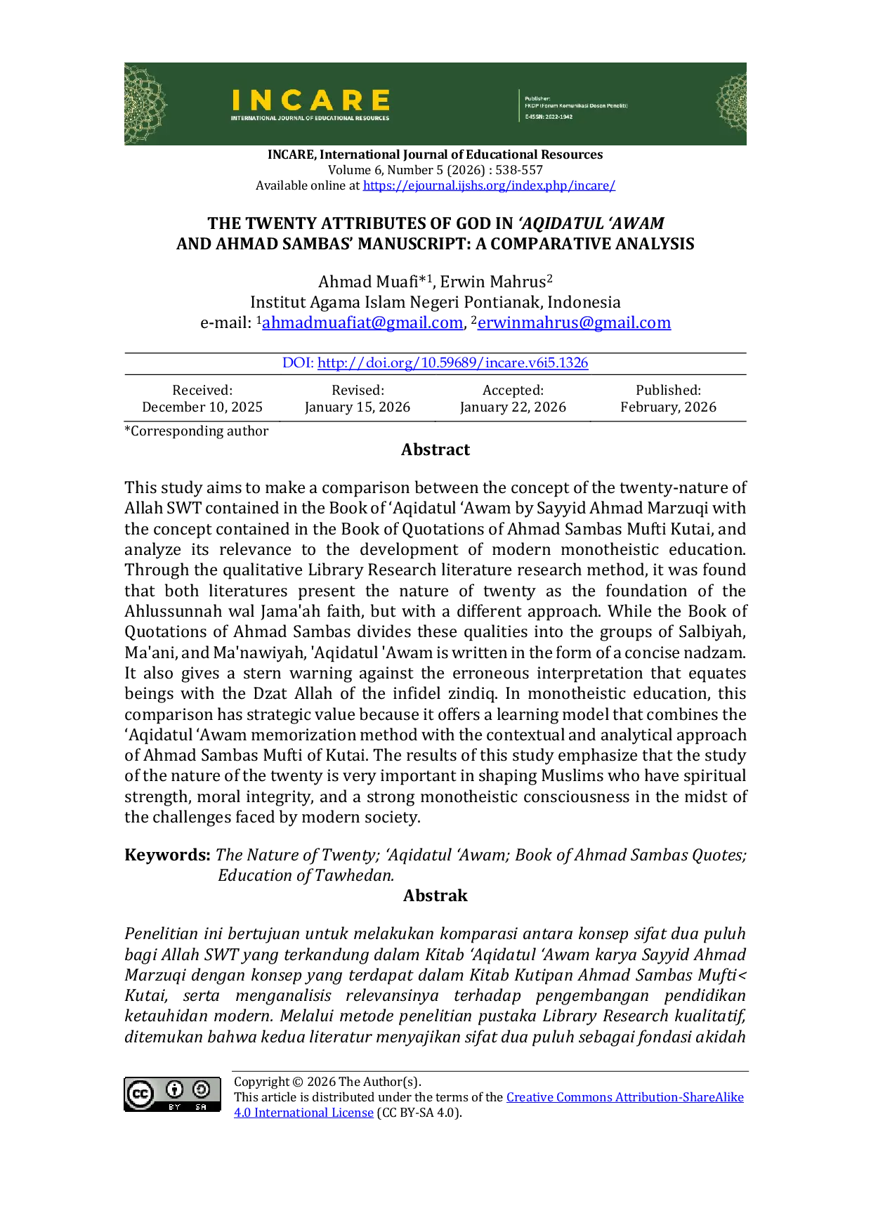 JURIS The Twenty Attributes of God in Aqidatul Awam and Ahmad Sambas Manuscript A Comparative Analysis