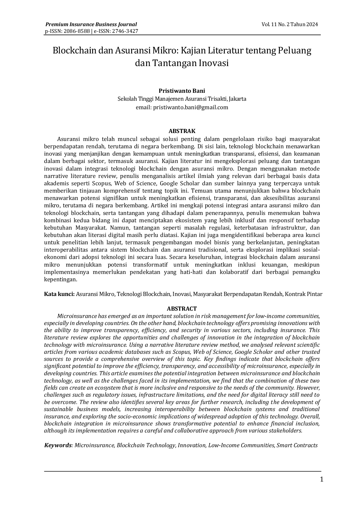 JURIS Blockchain dan Asuransi Mikro Kajian Literatur tentang Peluang dan Tantangan Inovasi