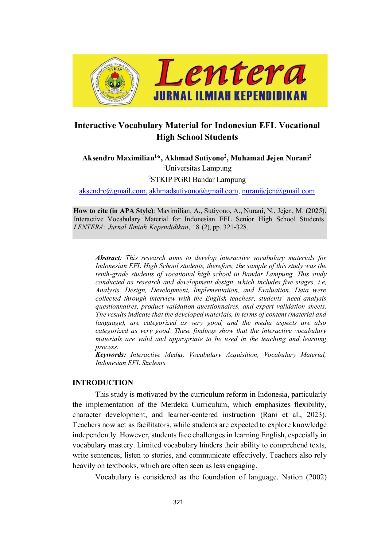 JURIS Interactive Vocabulary Material for Indonesian EFL Senior High School Students