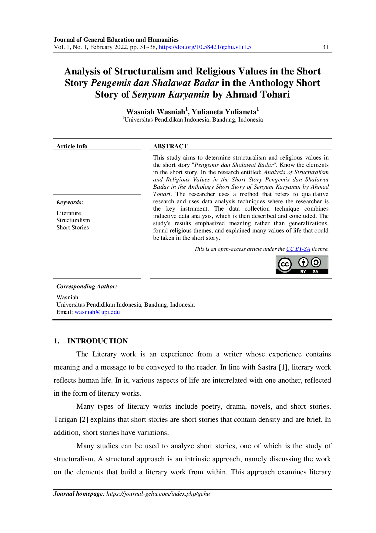 JURIS Analysis of Structuralism and Religious Values in the Short Story Pengemis dan Shalawat Badar in the Anthology Short Story of Senyum Karyamin by Ahmad Tohari