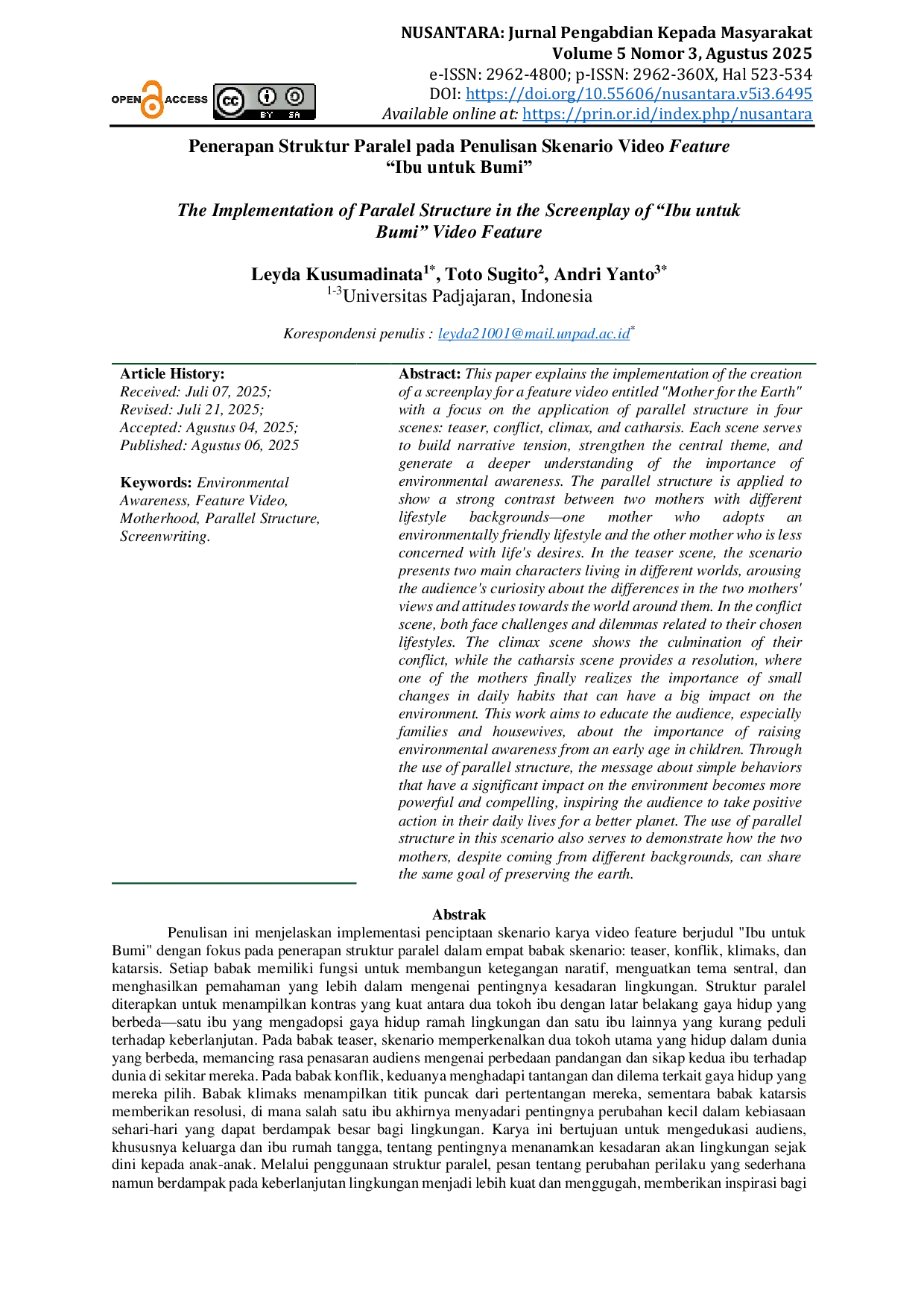 JURIS Penerapan Struktur Paralel pada Penulisan Skenario Video Feature Ibu untuk Bumi