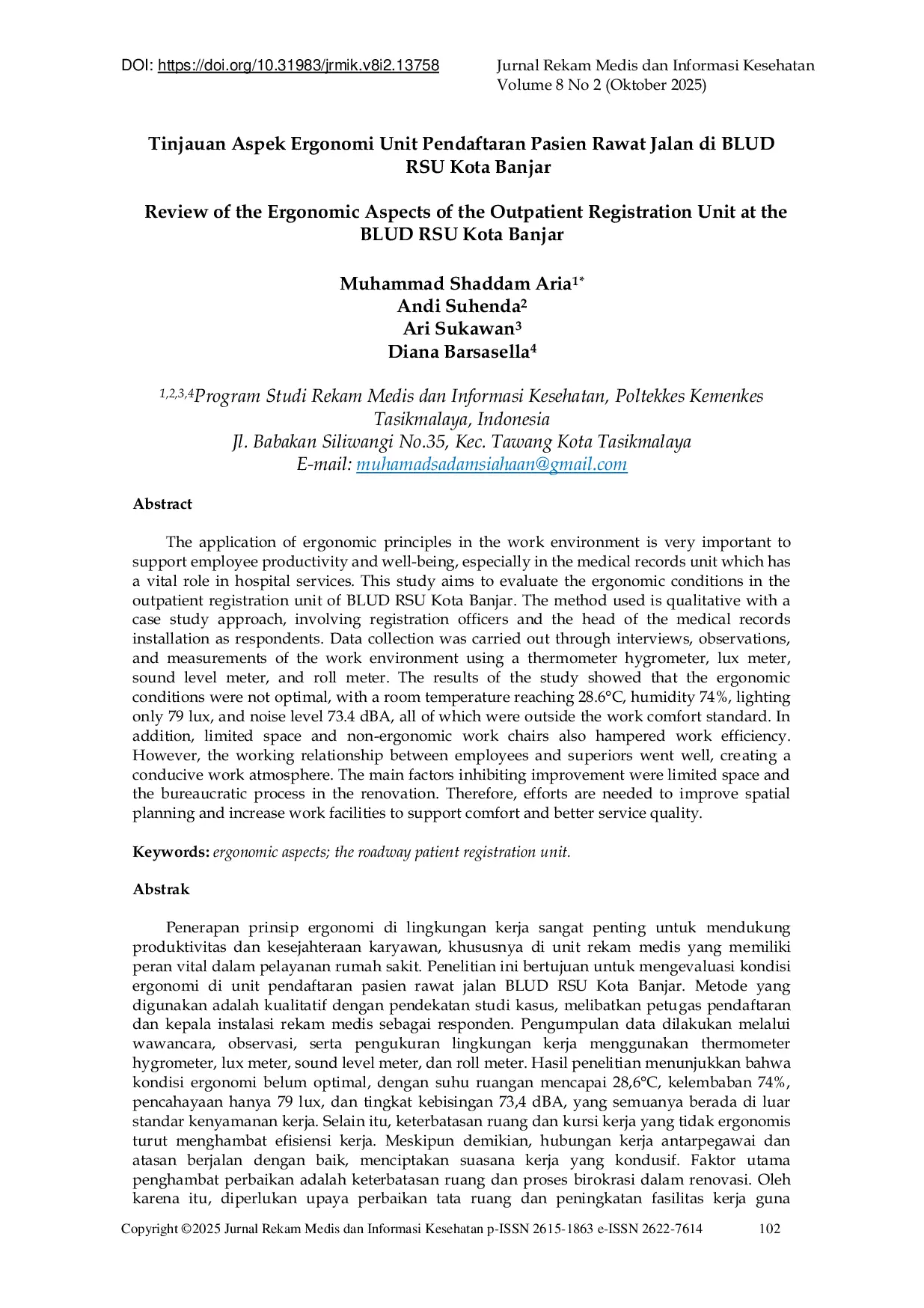 JURIS Tinjauan Aspek Ergonomi Unit Pendaftaran Pasien Rawat Jalan di BLUD RSU Kota Banjar