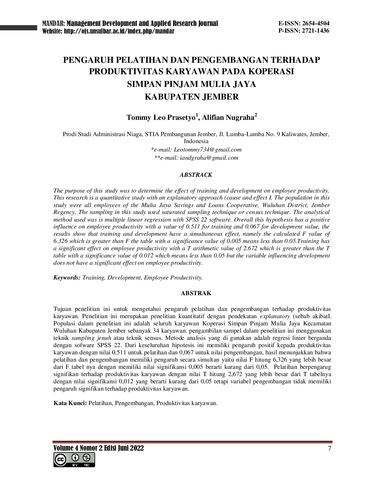 JURIS The Influence of Training and Development on Employee Productivity at the Mulia Jaya Savings and Loan Cooperative in Jember Regency