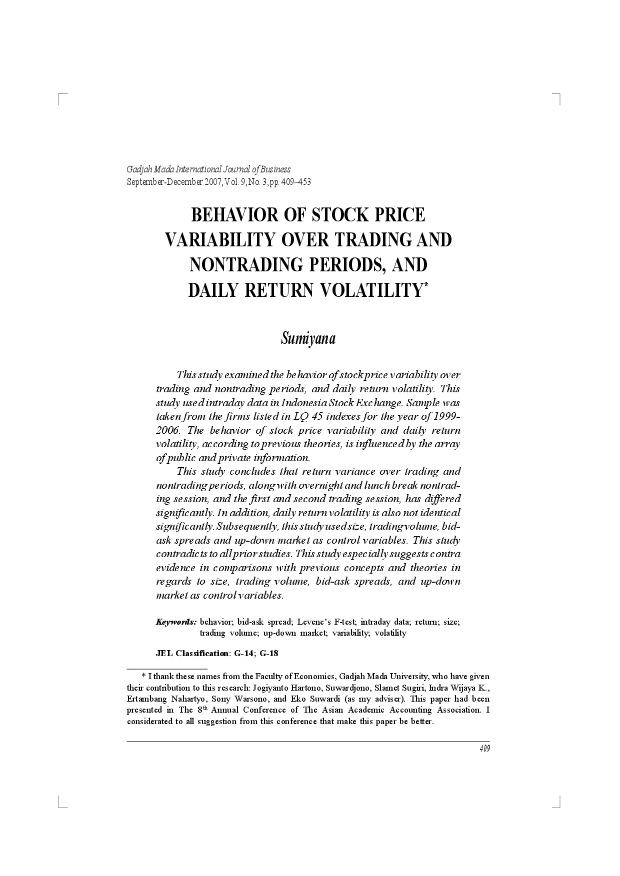 juris Behavior of Stock Price Variability over Trading and Nontrading Periods and Daily Return Volatility