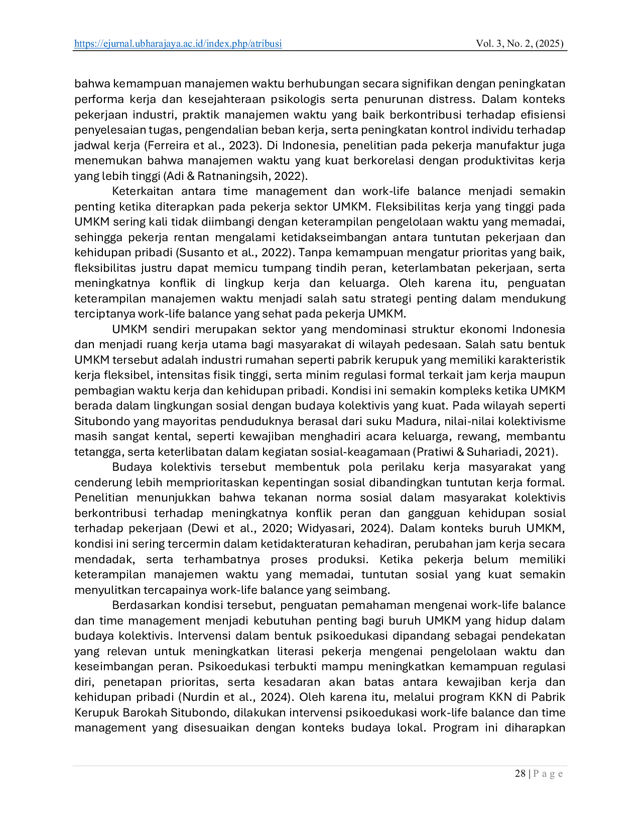 JURIS Psikoedukasi Time Management untuk Mengatasi Work Life Balance Buruh Pabrik dengan Budaya Kolektivis