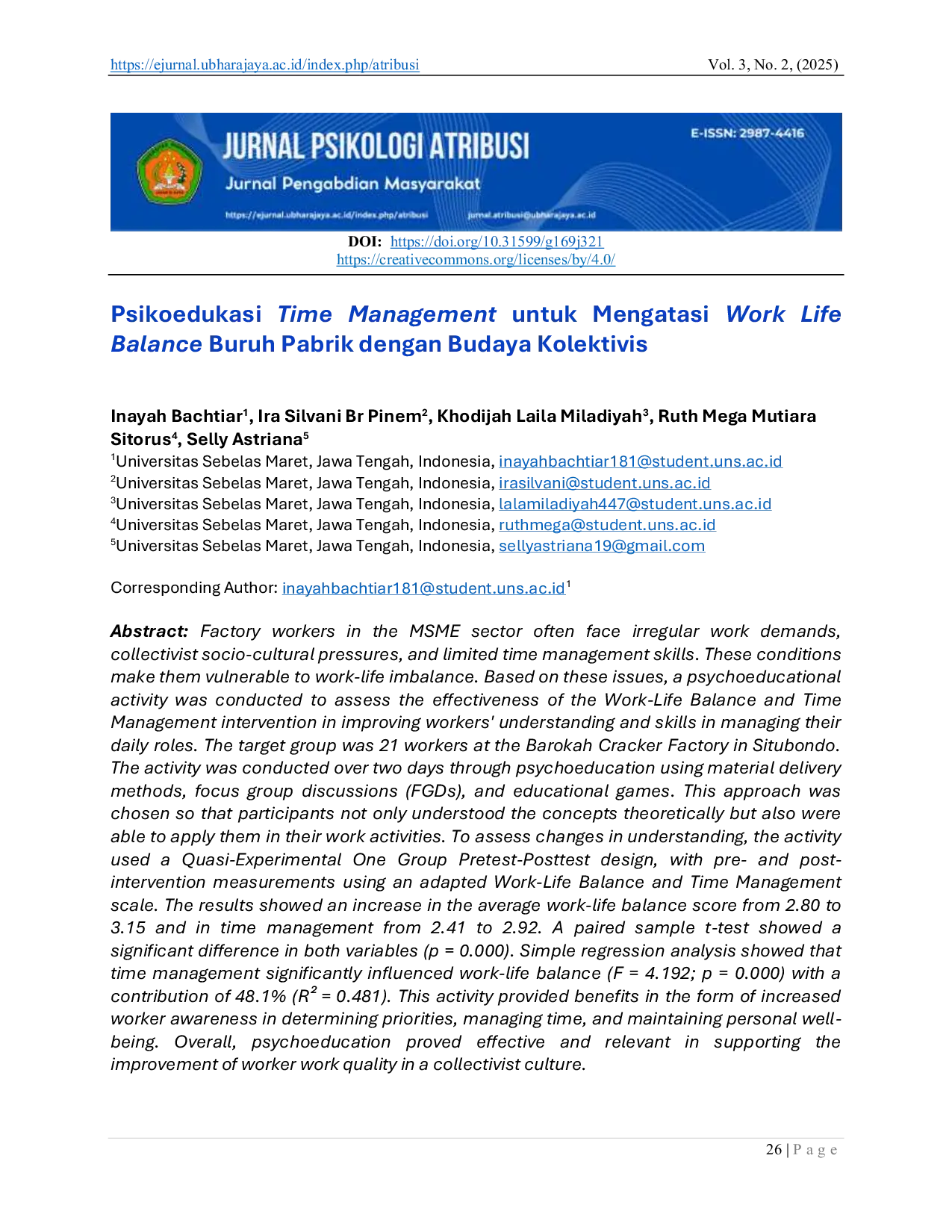 JURIS Psikoedukasi Time Management untuk Mengatasi Work Life Balance Buruh Pabrik dengan Budaya Kolektivis