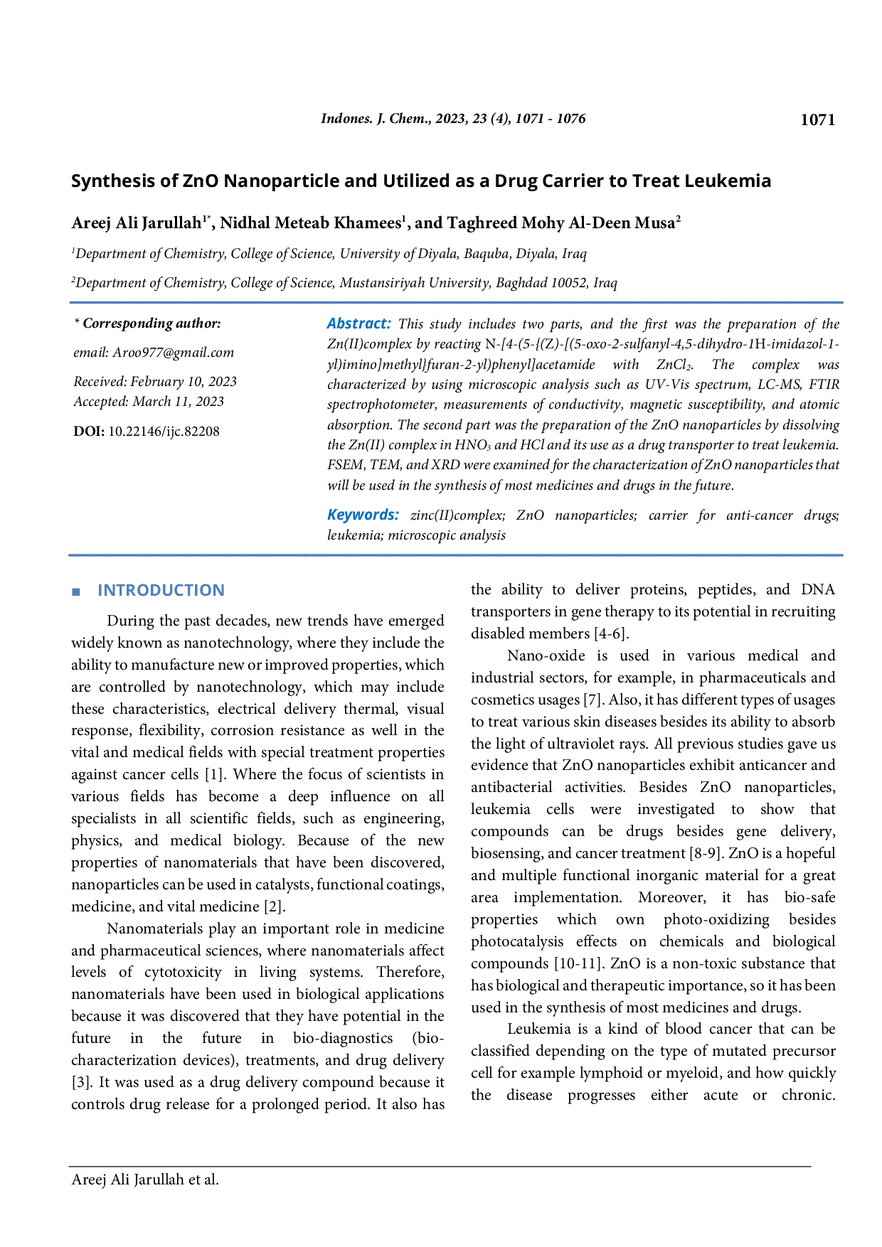 JURIS Synthesis of ZnO Nanoparticle and Utilized as a Drug Carrier to Treat Leukemia