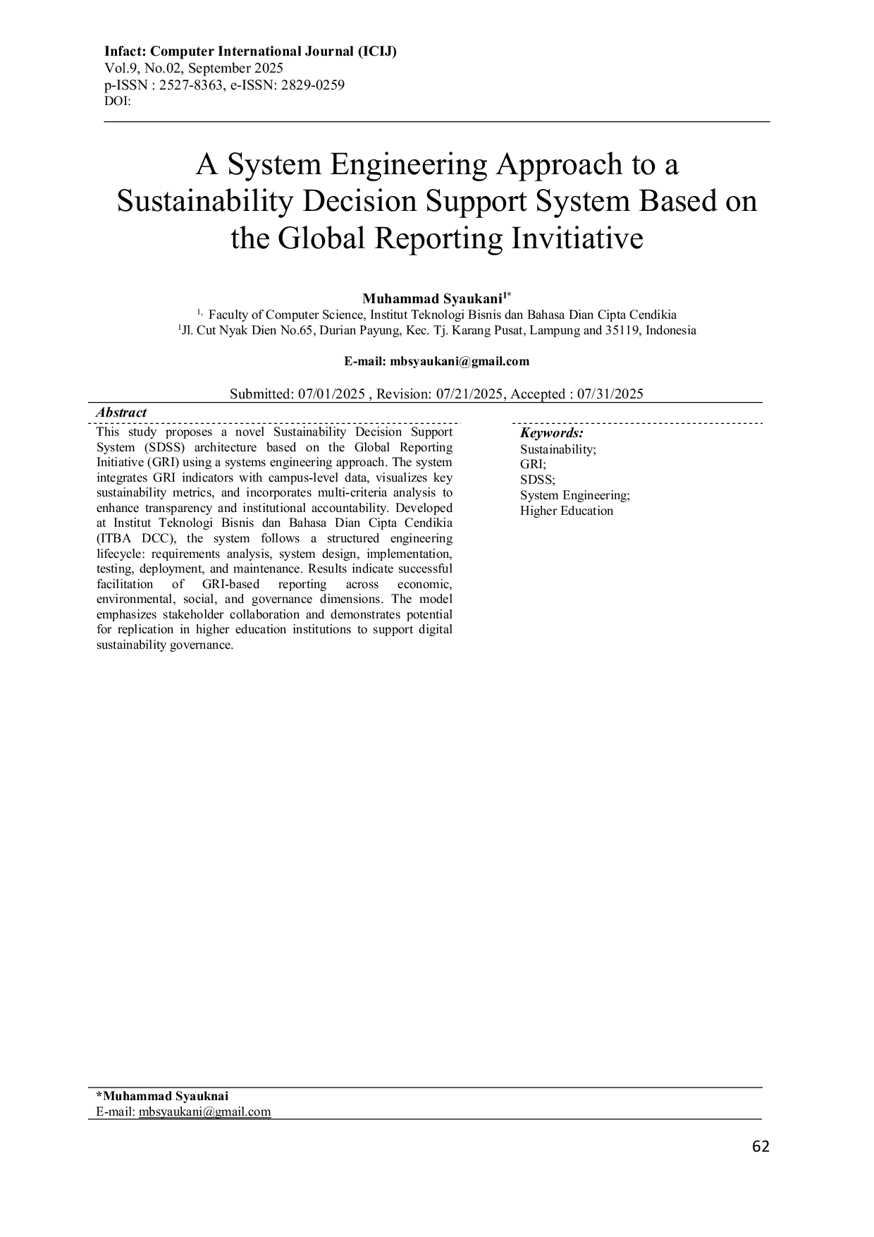 JURIS A System Engineering Approach to a Sustainability Decision Support System Based on the Global Reporting Initiative