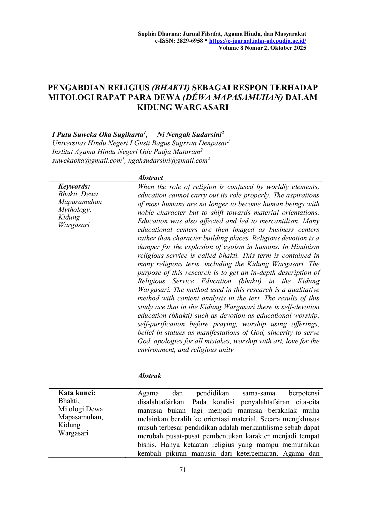 JURIS Pengabdian Religius Bhakti Sebagai Respon Terhadap Mitologi Rapat Para Dewa Dewa Mapasamuhan Dalam Kidung Wargasari