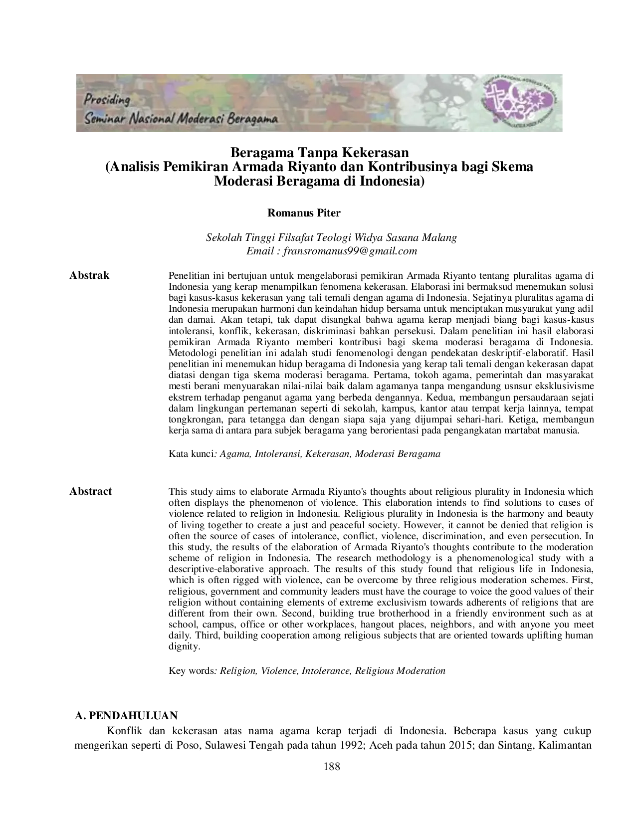 JURIS Beragama Tanpa Kekerasan Analisis Pemikiran Armada Riyanto dan Kontribusinya bagi Skema Moderasi Beragama di Indonesia