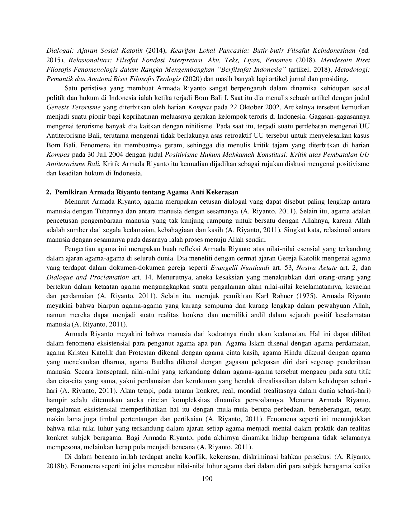 JURIS Beragama Tanpa Kekerasan Analisis Pemikiran Armada Riyanto dan Kontribusinya bagi Skema Moderasi Beragama di Indonesia