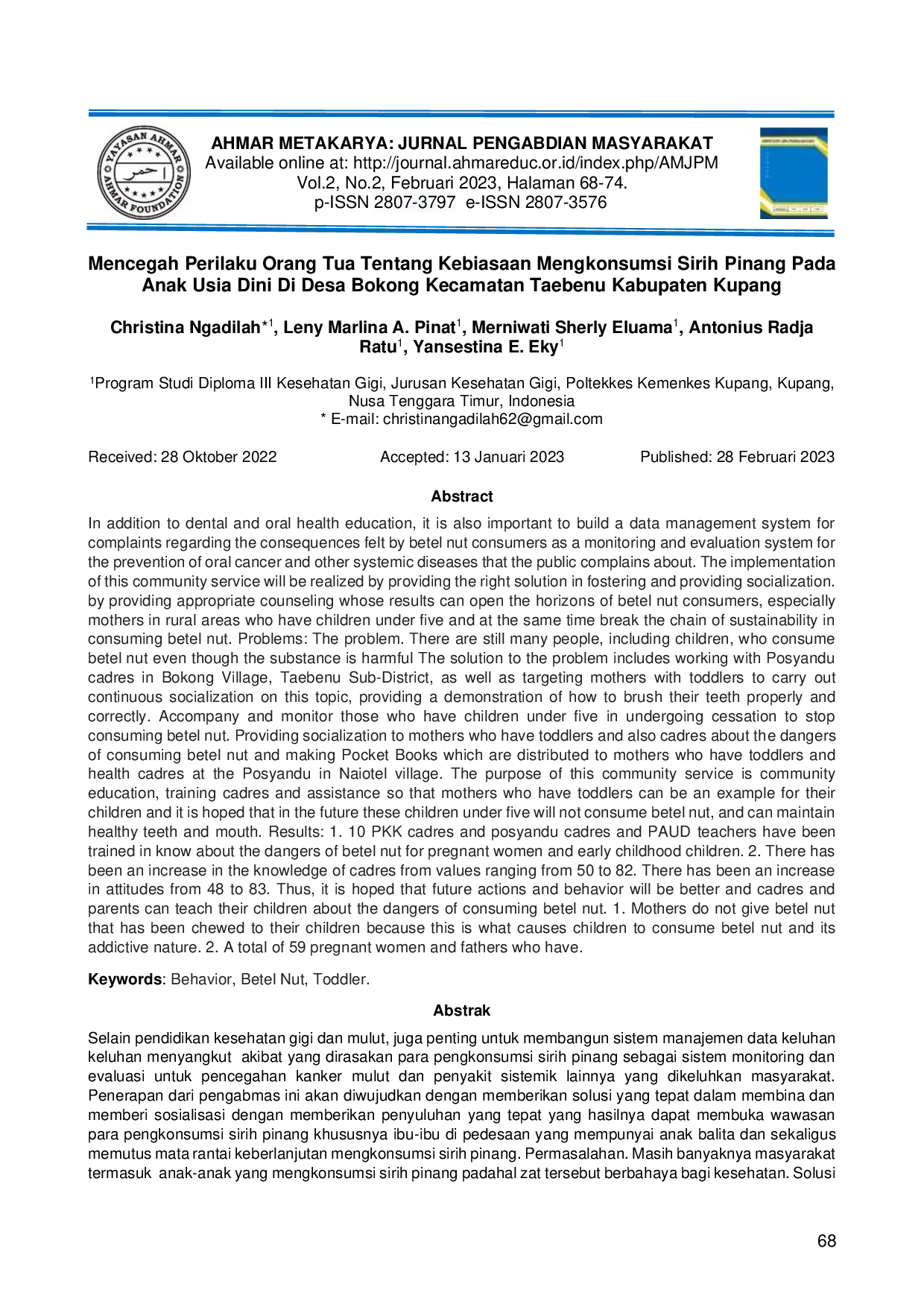 juris Mencegah Perilaku Orang Tua Tentang Kebiasaan Mengkonsumsi Sirih Pinang Pada Anak Usia Dini Di Desa Bokong Kecamatan Taebenu Kabupaten Kupang