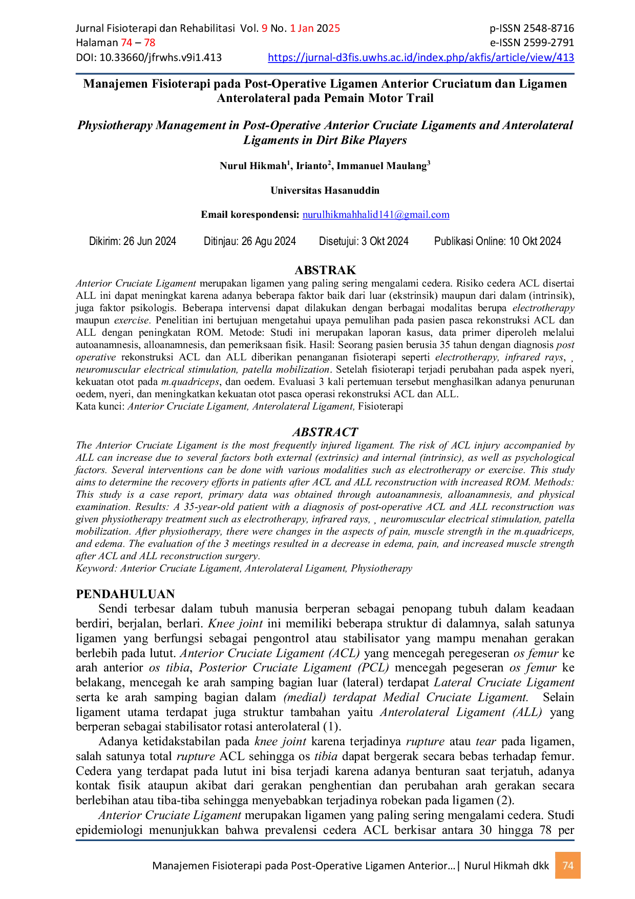 JURIS Manajemen Fisioterapi pada Post Operative Ligamen Anterior Cruciatum dan Ligamen Anterolateral pada Pemain Motor Trail