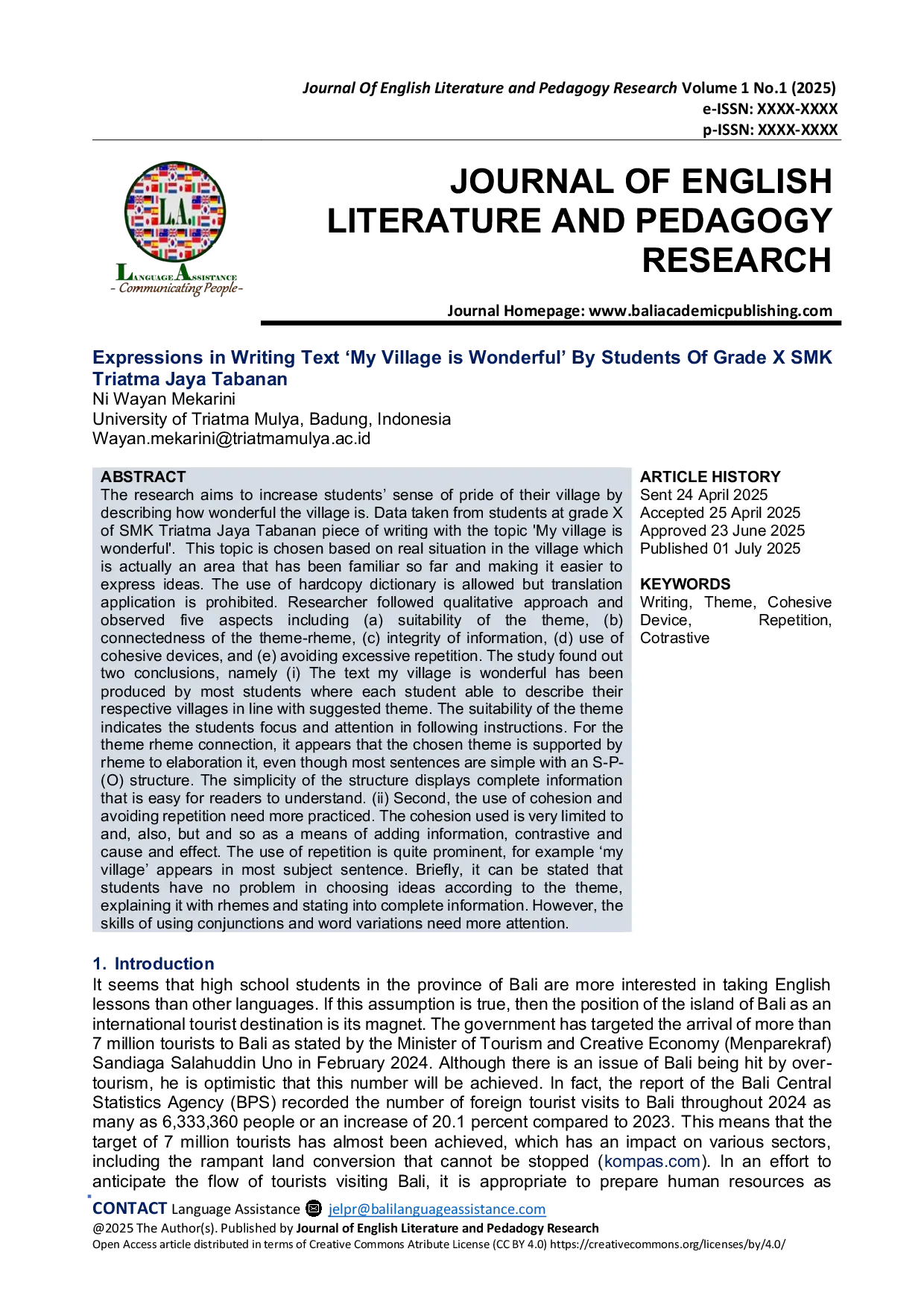 JURIS Expressions In Writing Text My Village Is Wonderful By Students Of Grade X SMK Triatma Jaya Tabanan