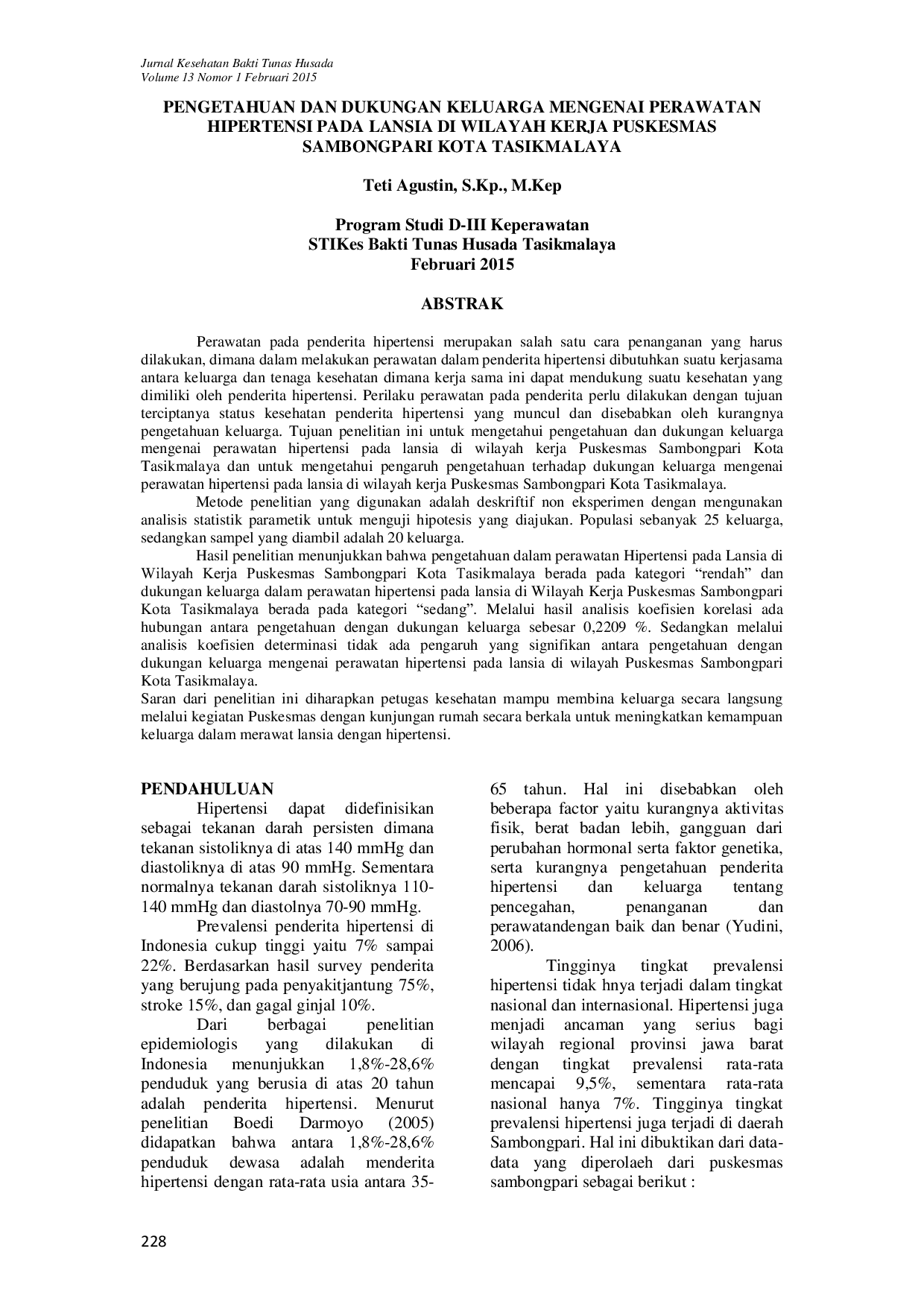JURIS Pengetahuan dan Dukungan Keluarga Mengenai Perawatan Hipertensi pada Lansia di Wilayah Kerja Puskesmas Sambongpari Kota Tasikmalaya