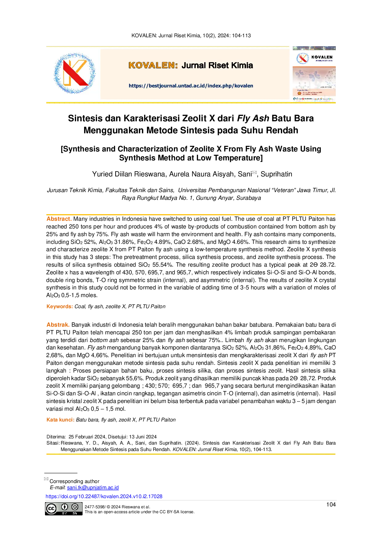 JURIS Sintesis dan Karakterisasi Zeolit X dari Fly Ash Batu Bara Menggunakan Metode Sintesis pada Suhu Rendah