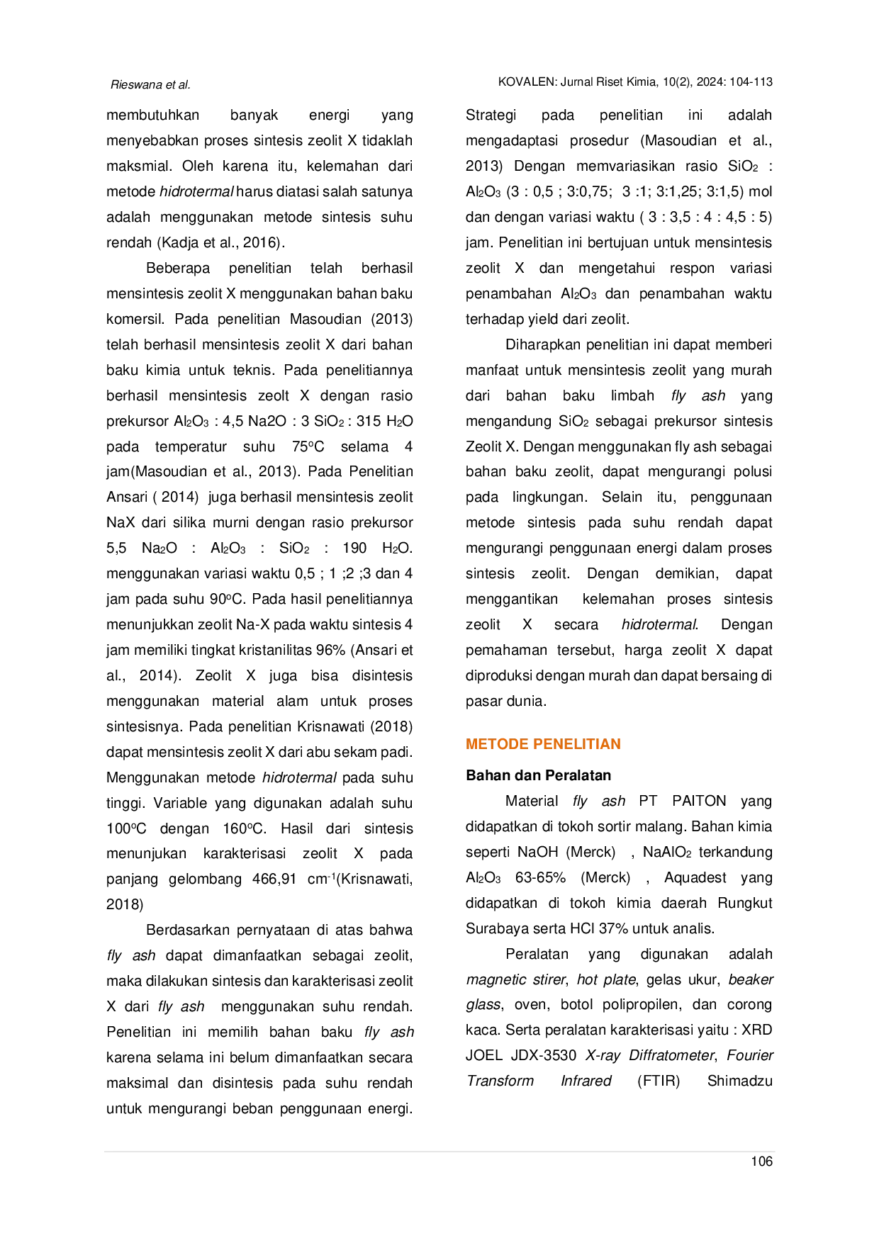 JURIS Sintesis dan Karakterisasi Zeolit X dari Fly Ash Batu Bara Menggunakan Metode Sintesis pada Suhu Rendah