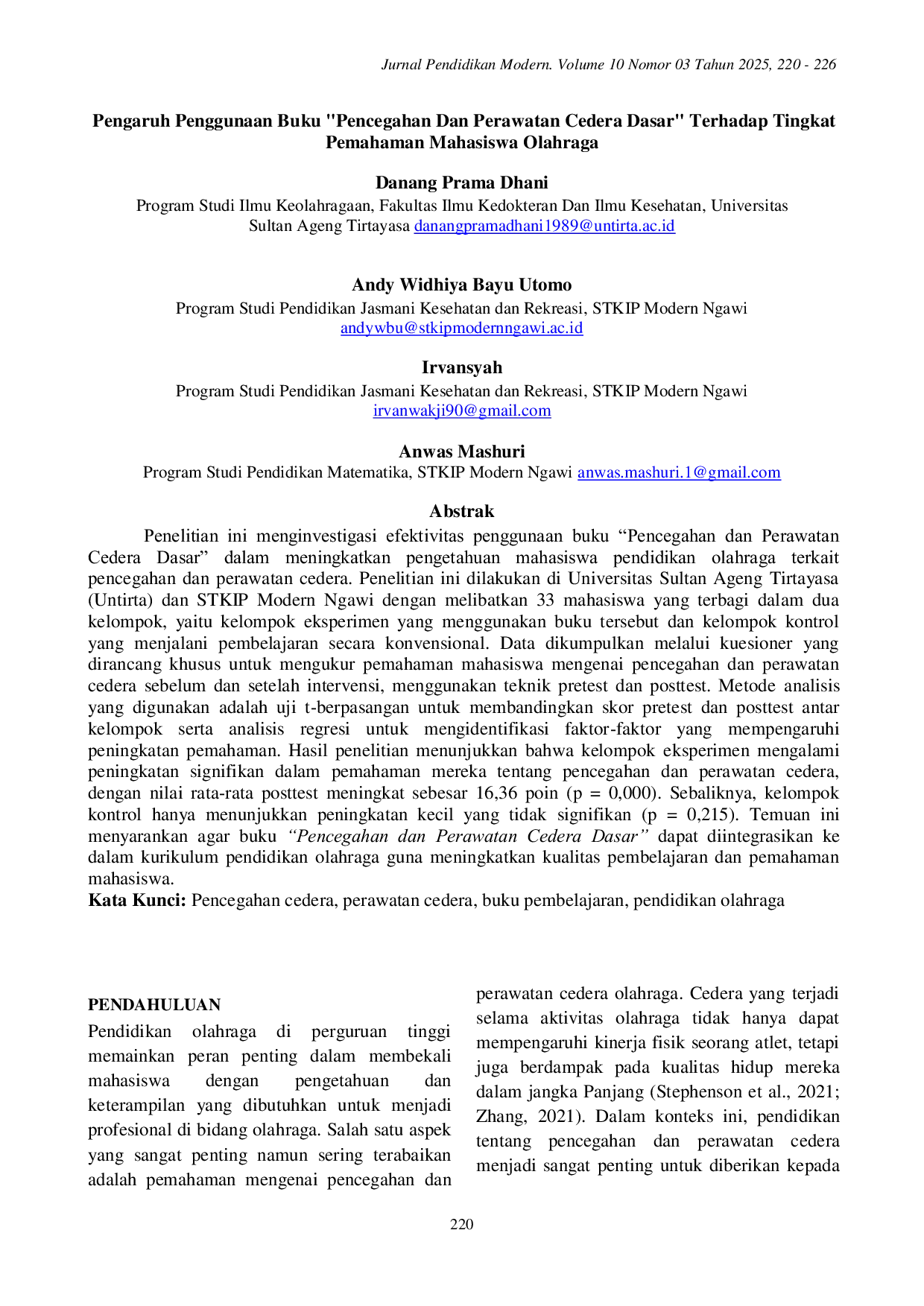 JURIS Pengaruh Penggunaan Buku Pencegahan Dan Perawatan Cedera Dasar Terhadap Tingkat Pemahaman Mahasiswa Olahraga