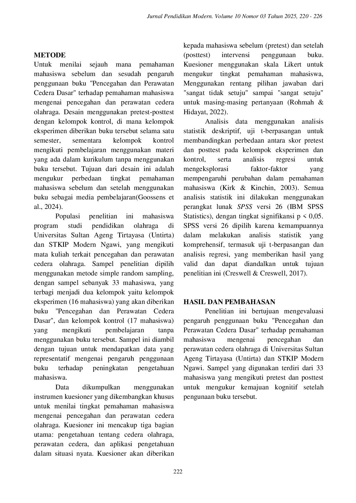 JURIS Pengaruh Penggunaan Buku Pencegahan Dan Perawatan Cedera Dasar Terhadap Tingkat Pemahaman Mahasiswa Olahraga