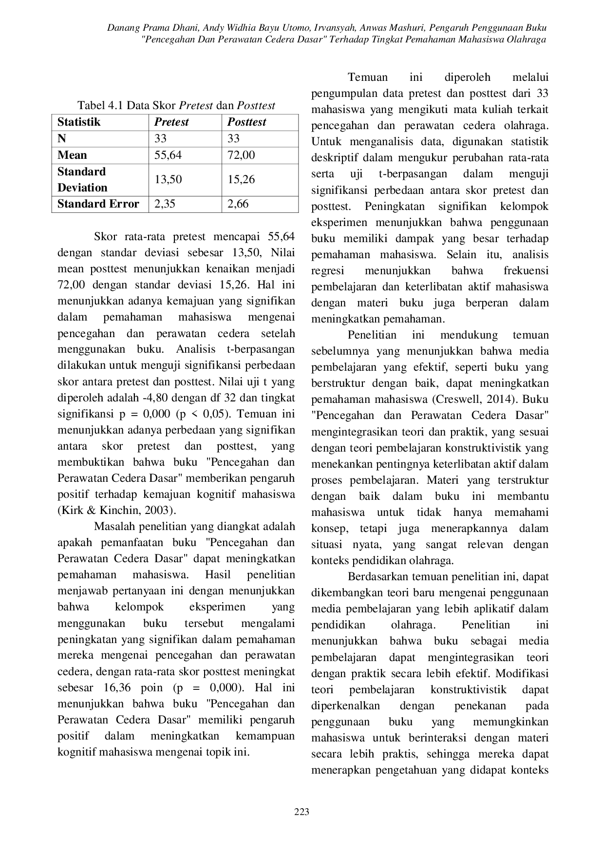 JURIS Pengaruh Penggunaan Buku Pencegahan Dan Perawatan Cedera Dasar Terhadap Tingkat Pemahaman Mahasiswa Olahraga