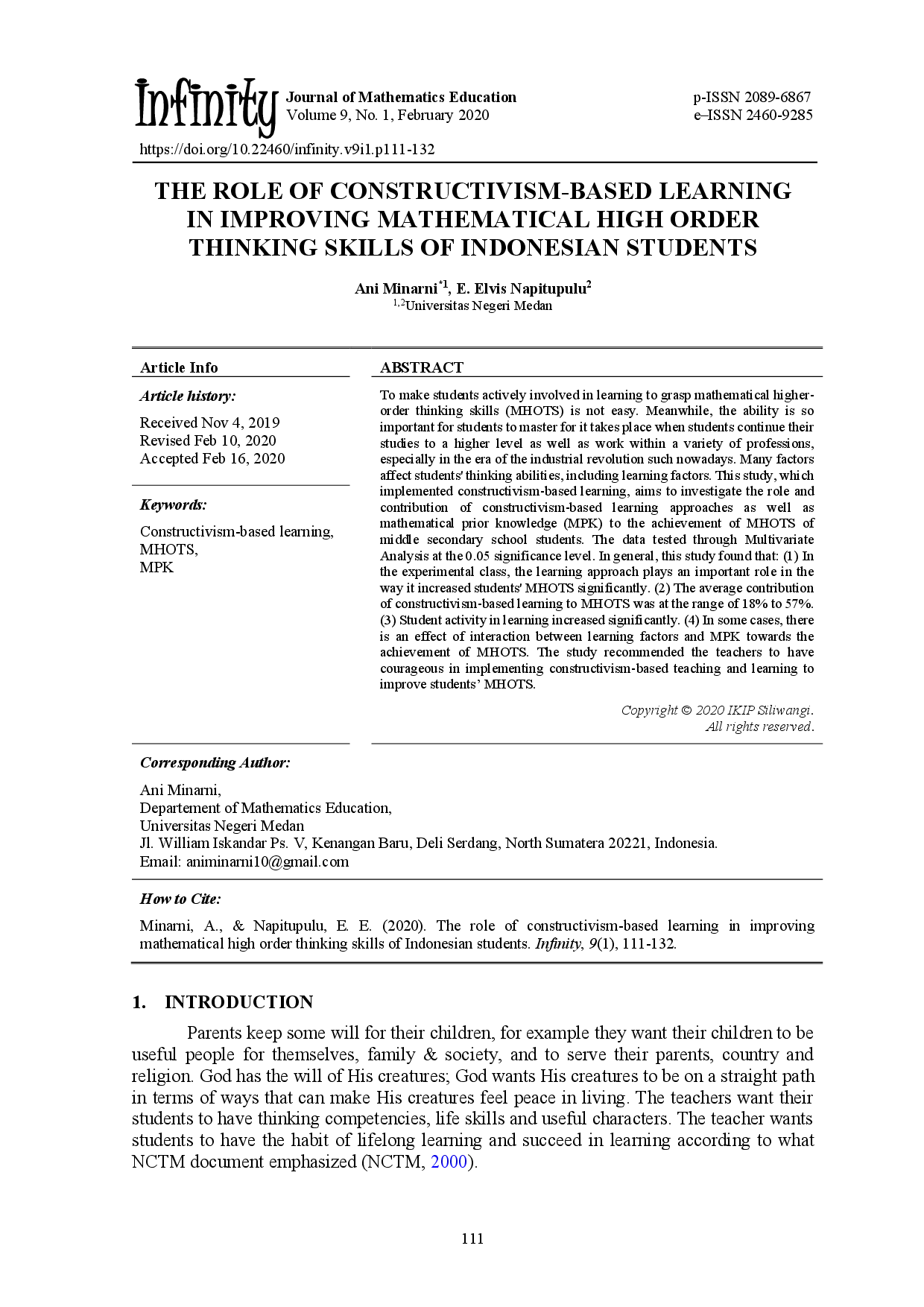juris The Role Of Constructivism Based Learning In Improving Mathematical High Order Thinking Skills Of Indonesian Students