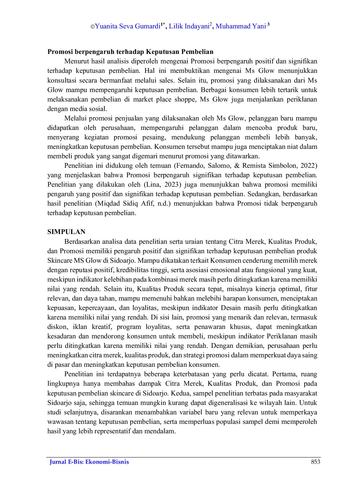 JURIS Citra Merek Kualitas Produk Dan Promosi Terhadap Keputusan Pembelian Pada Produk Skincare Ms Glow Di Sidoarjo