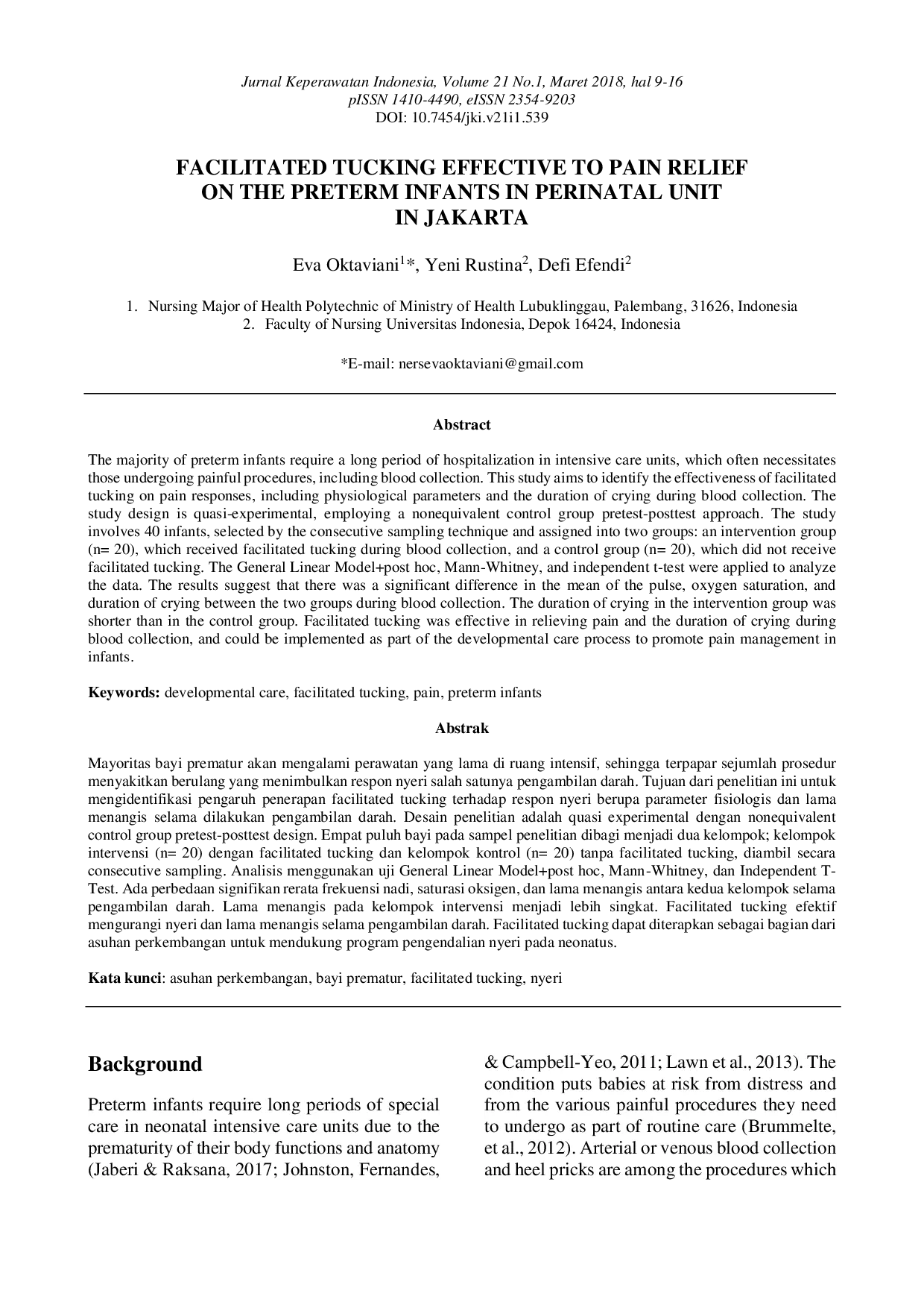 juris Facilitated Tucking Effective to Pain Relief on the Preterm Infants in Perinatal Unit in Jakarta