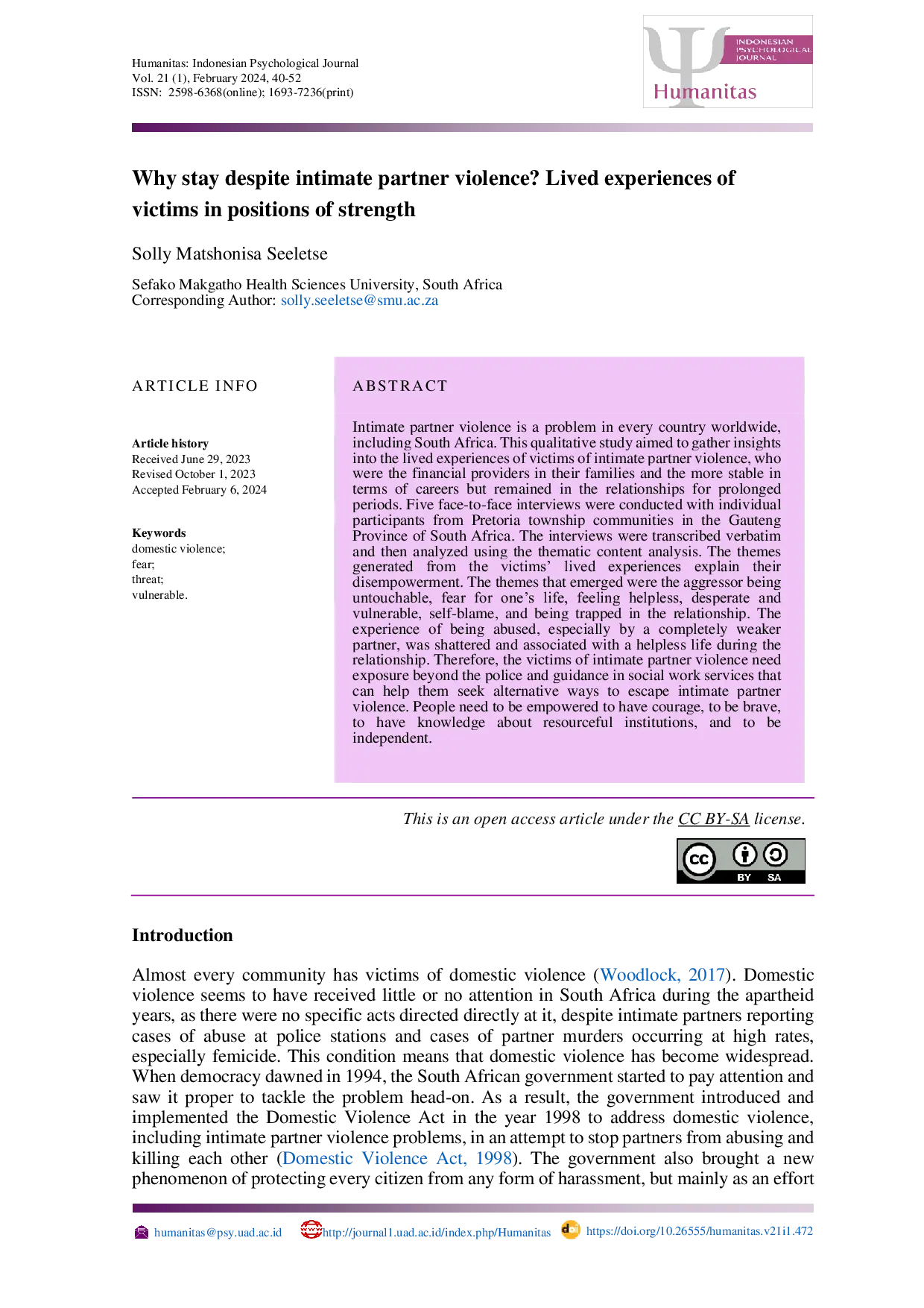 JURIS Why stay despite intimate partner violence Lived experiences of victims in positions of strength