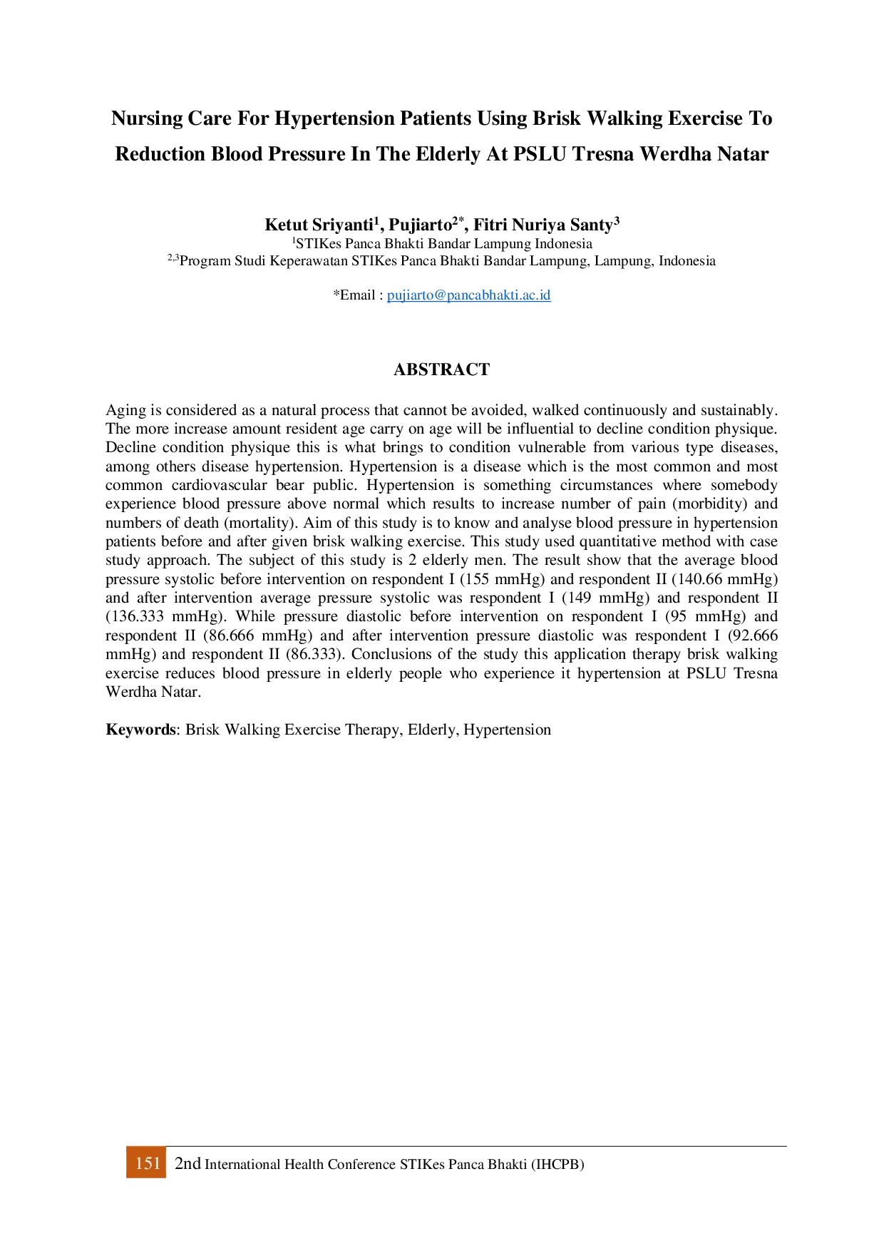 JURIS Nursing Care For Hypertension Patients Using Brisk Walking Exercise To Reduction Blood Pressure In The Elderly At PSLU Tresna Werdha Natar