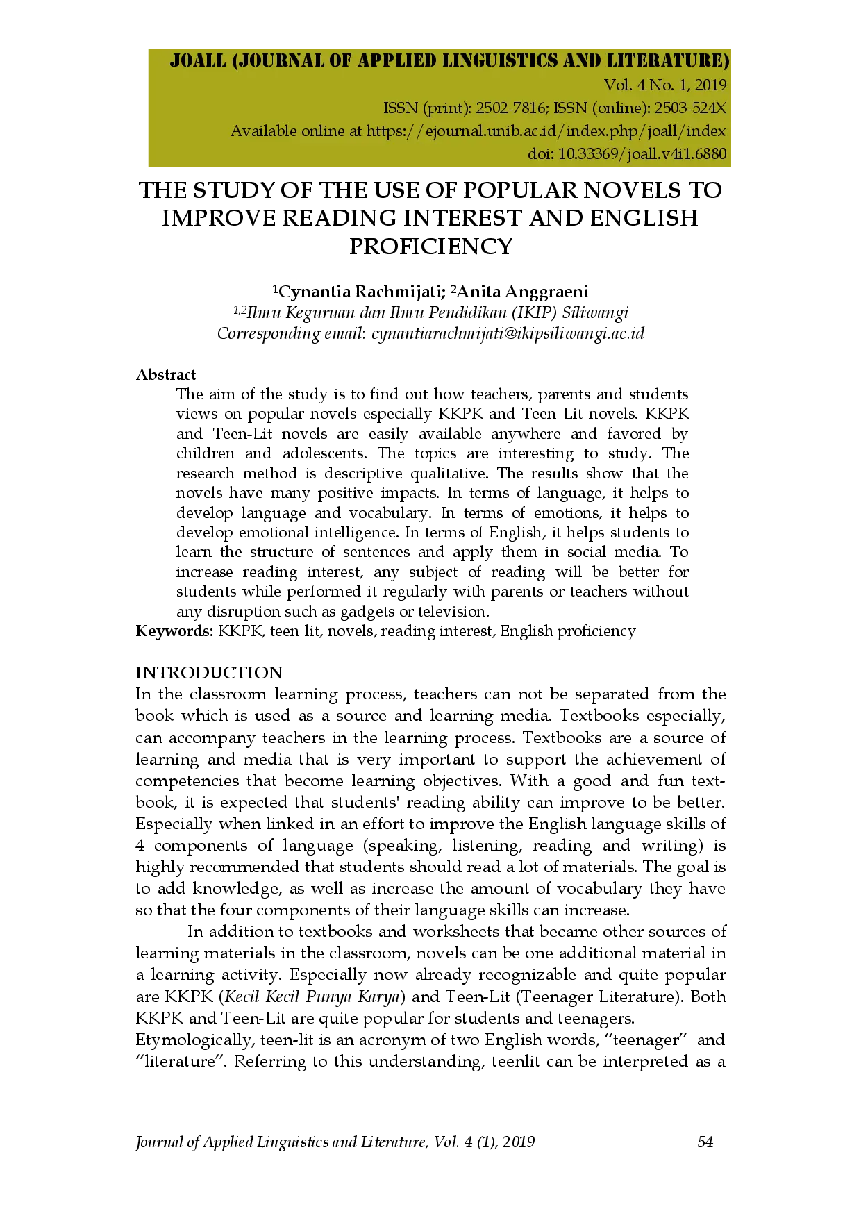 juris The Study Of The Use Of Popular Novels To Improve Reading Interest And English Proficiency