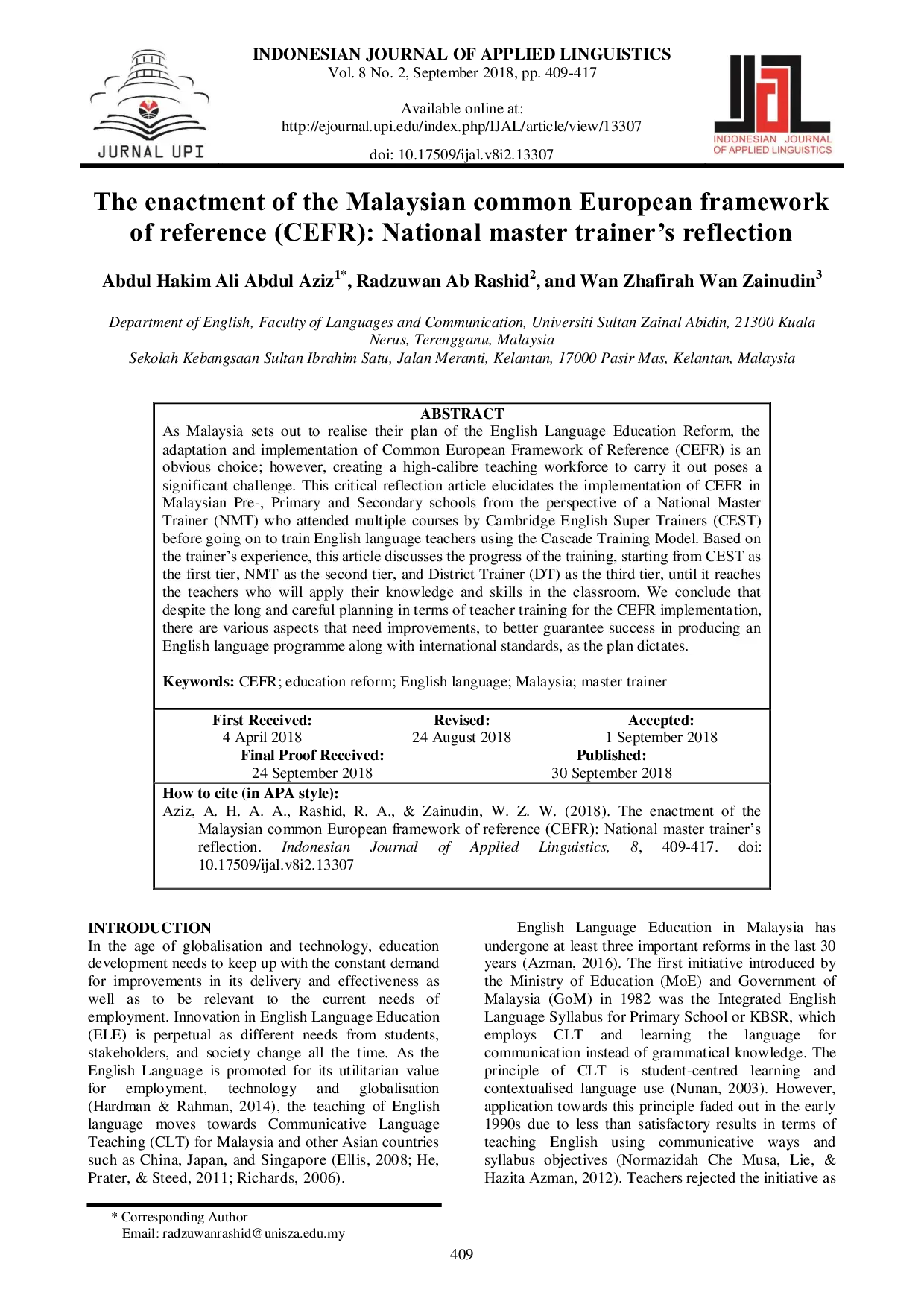 JURIS The enactment of the Malaysian common European framework of reference CEFR National master trainer s reflection