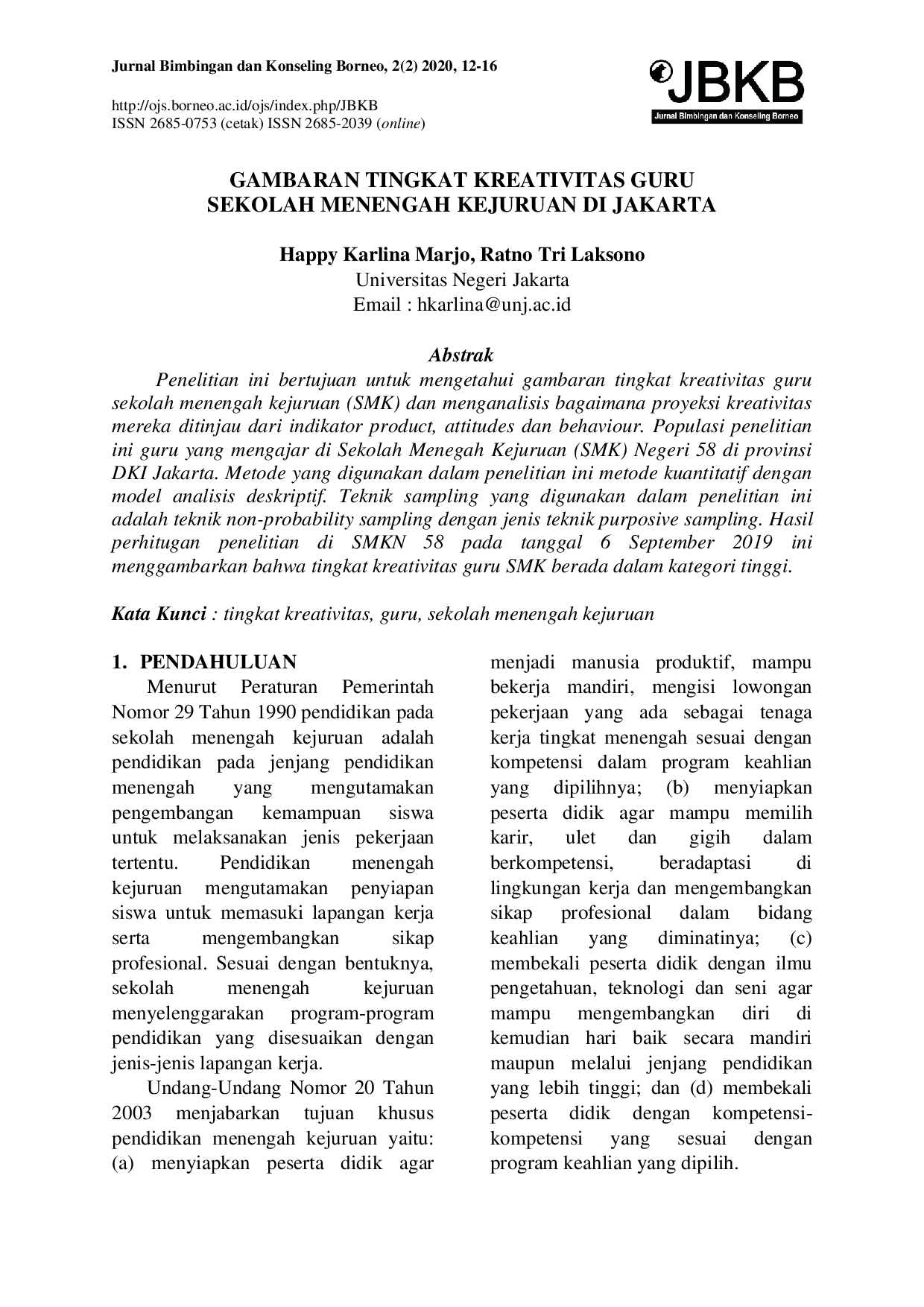 juris Gambaran Tingkat Kreativitas Guru Sekolah Menengah Kejuruan Di Jakarta
