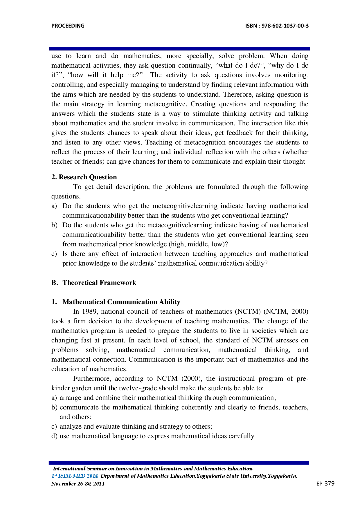 juris The Implementation of Metacognitive Learning Approach in Developing Students Mathematical Communication Ability