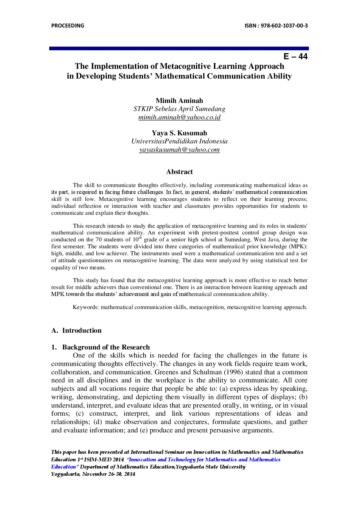 juris The Implementation of Metacognitive Learning Approach in Developing Students Mathematical Communication Ability