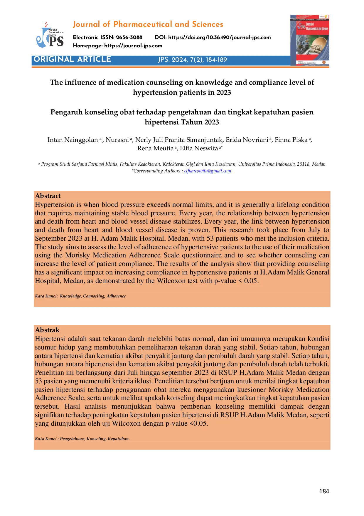 JURIS Pengaruh konseling obat terhadap pengetahuan dan tingkat kepatuhan pasien hipertensi Tahun 2023