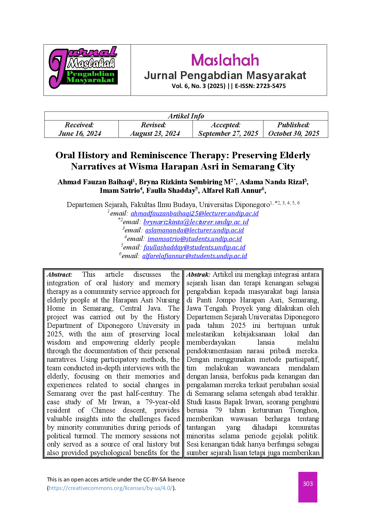 juris Oral History and Reminiscence Therapy Preserving Elderly Narratives at Wisma Harapan Asri in Semarang City