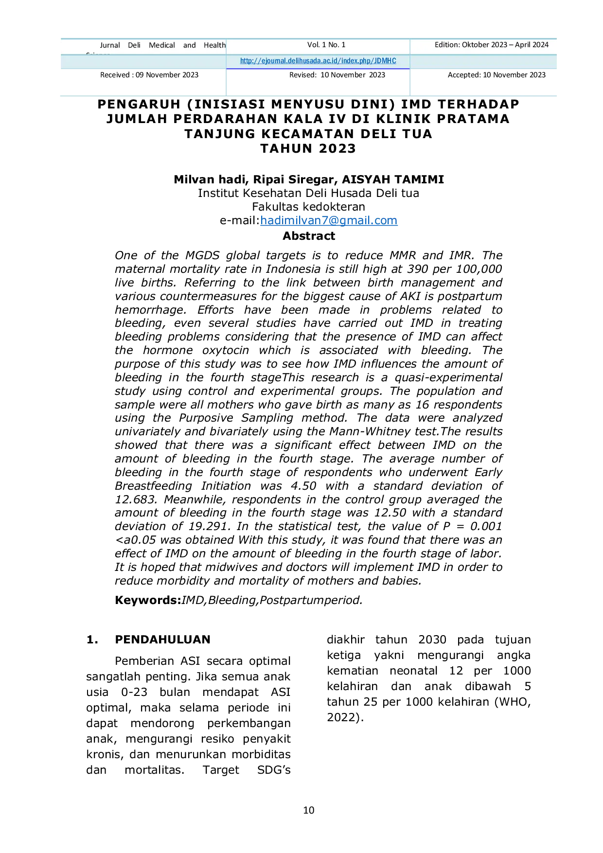 JURIS Pengaruh Inisiasi Menyusu Dini Imd Terhadap Jumlah Perdarahan Kala Iv Di Klinik Pratama Tanjung Kecamatan Deli Tua Tahun 2023