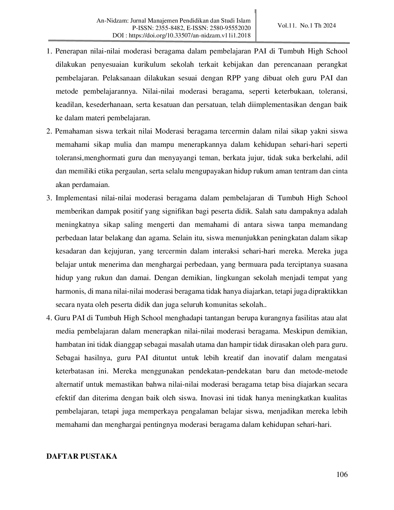 JURIS Implementasi Nilai Moderasi Beragama pada Mata Pelajaran Pendidikan Islam Sebagai Basis Pengembangan Karakter Anak didik di Tumbuh High School
